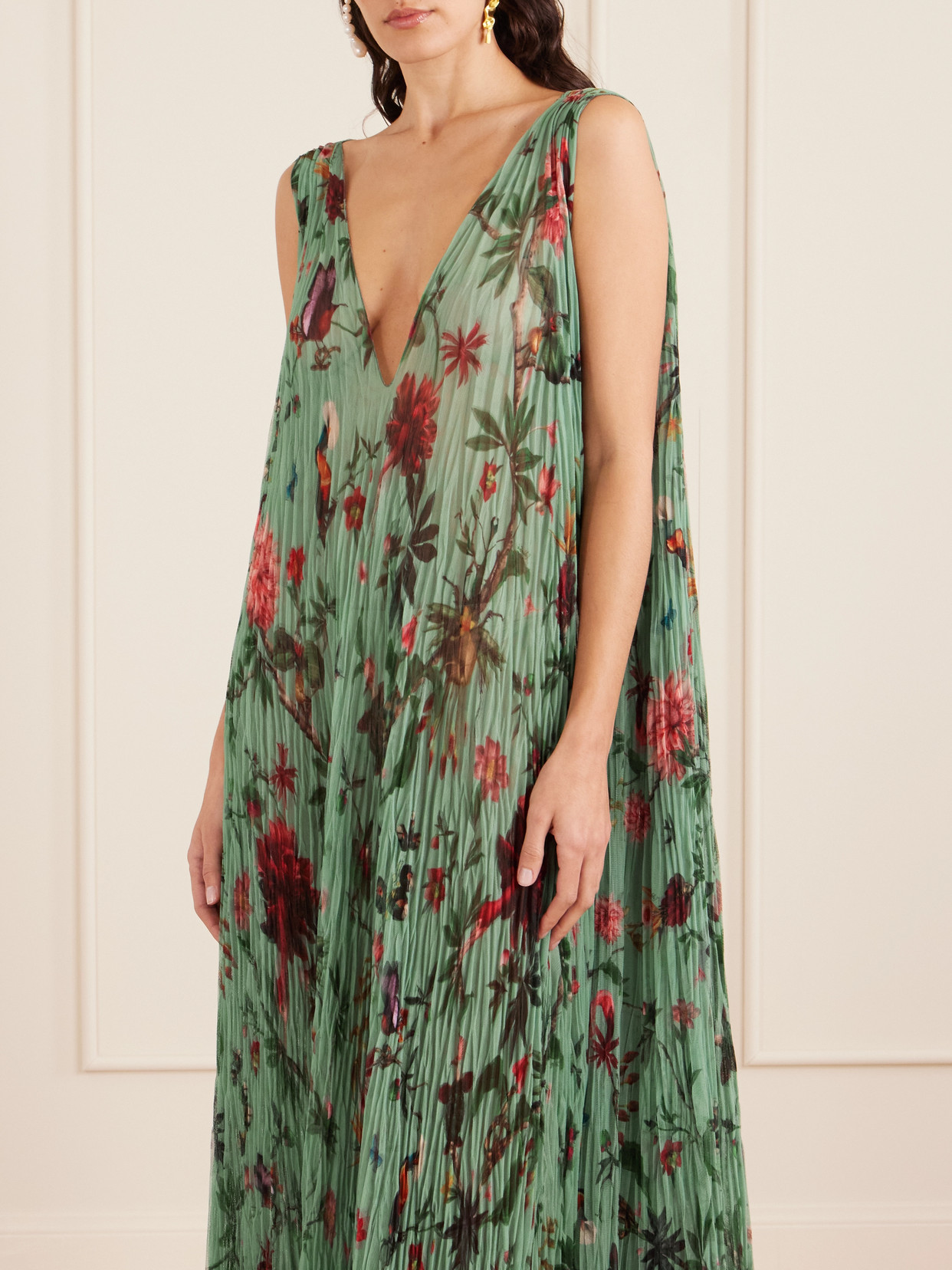 La Doublej Twirling Floral-print Plissé-chiffon Maxi Dress In Green