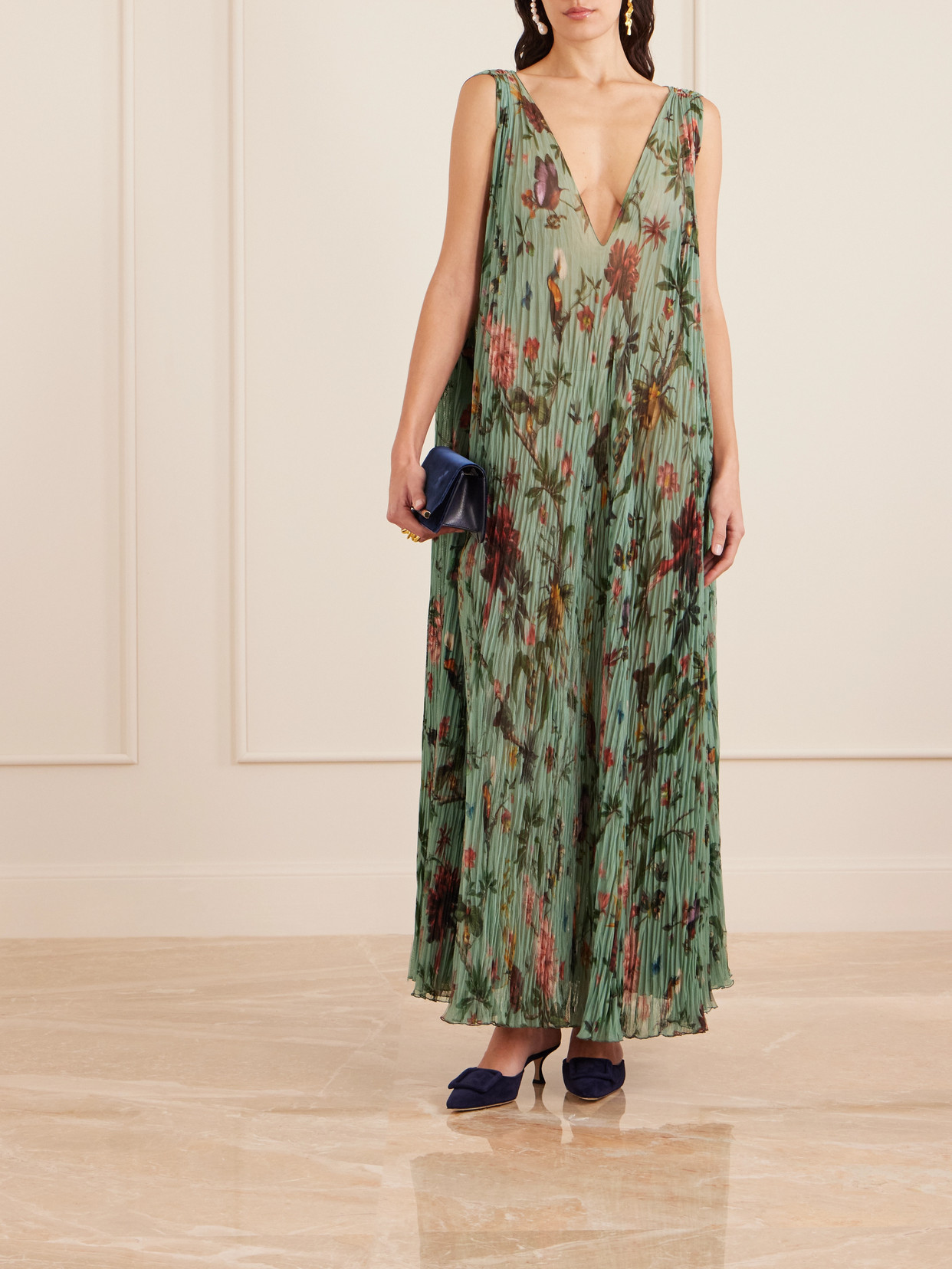 La Doublej Twirling Floral-print Plissé-chiffon Maxi Dress In Green