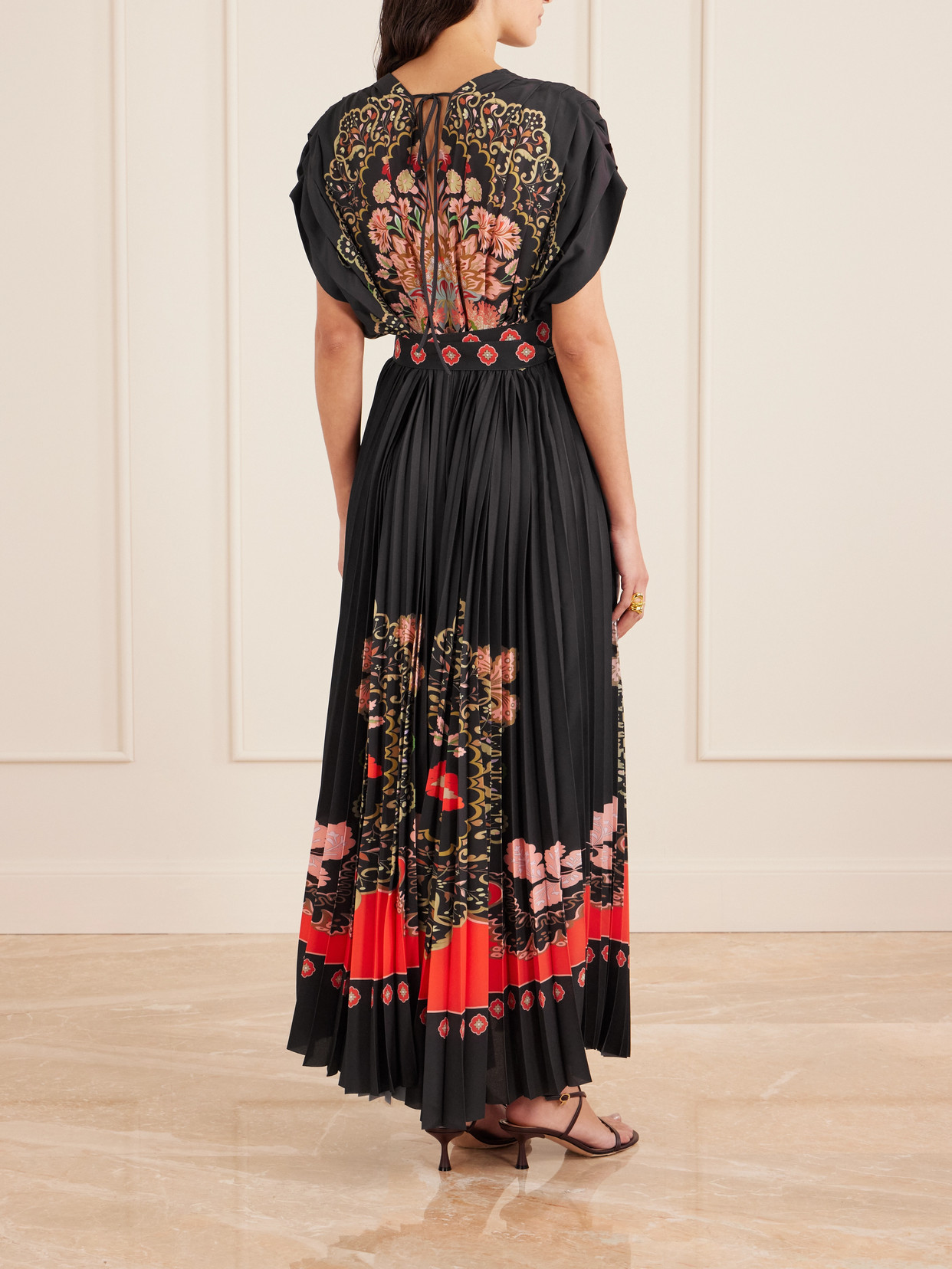 La Doublej Belted Pleated Printed Crepe De Chine Maxi Dress In Multi