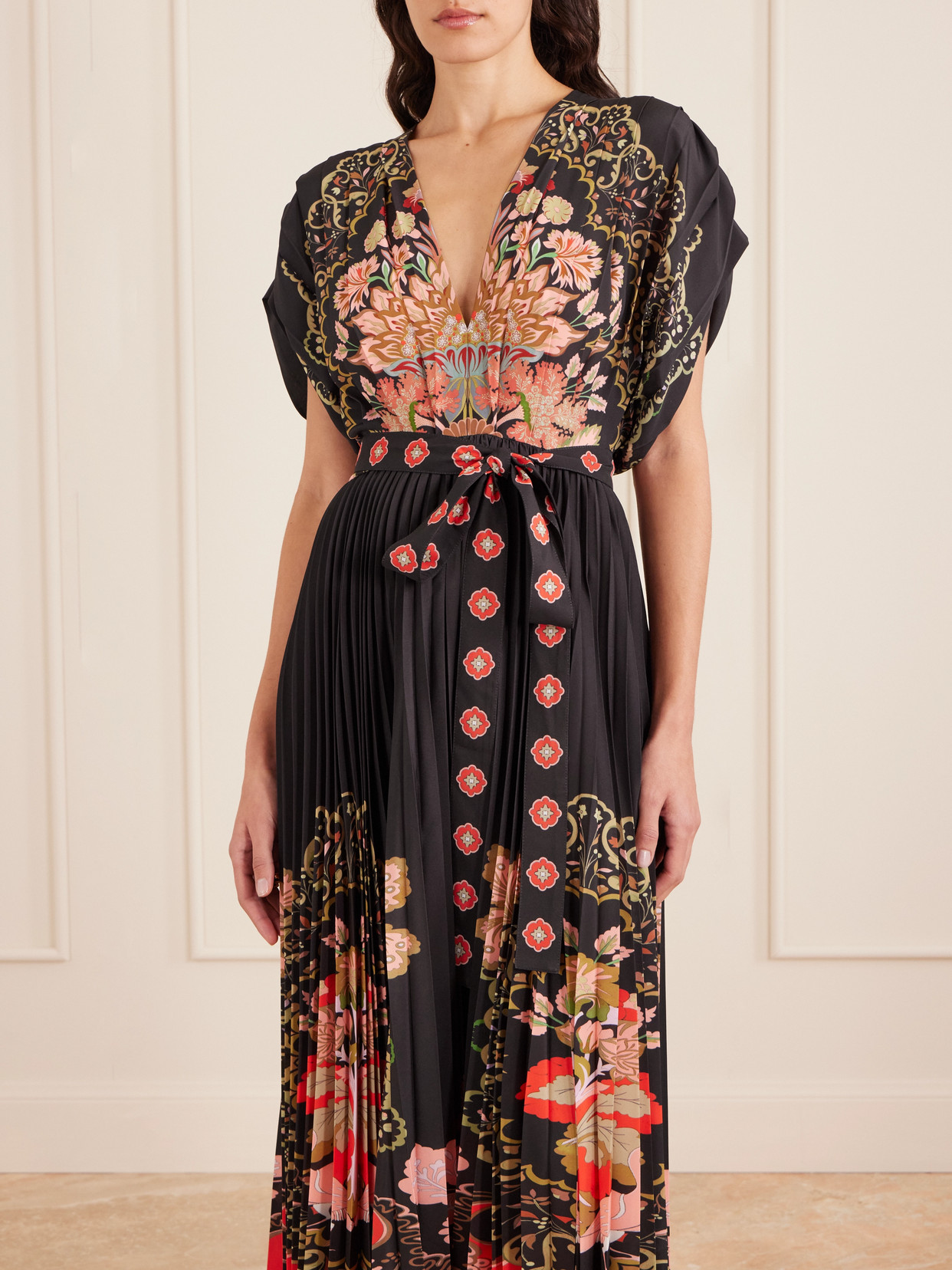 La Doublej Belted Pleated Printed Crepe De Chine Maxi Dress In Multi