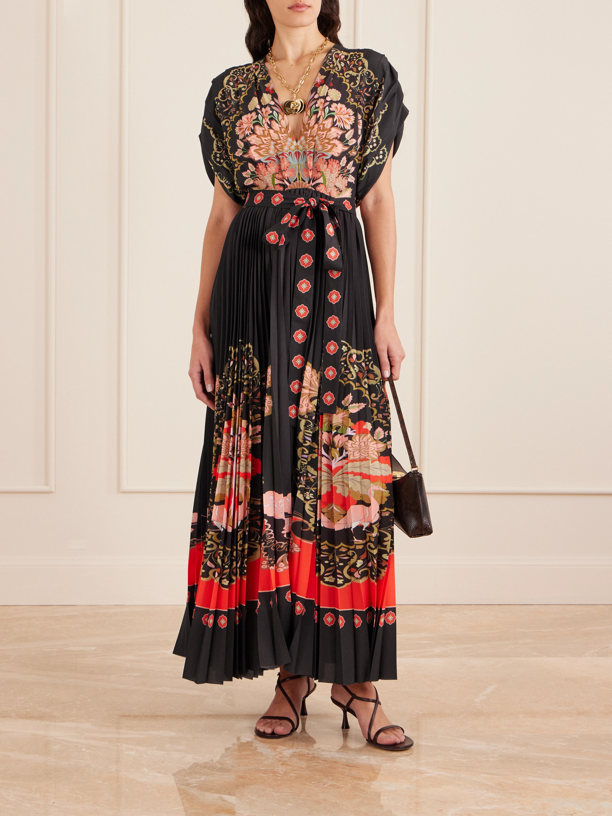 La Doublej Belted Pleated Printed Crepe De Chine Maxi Dress In Multi