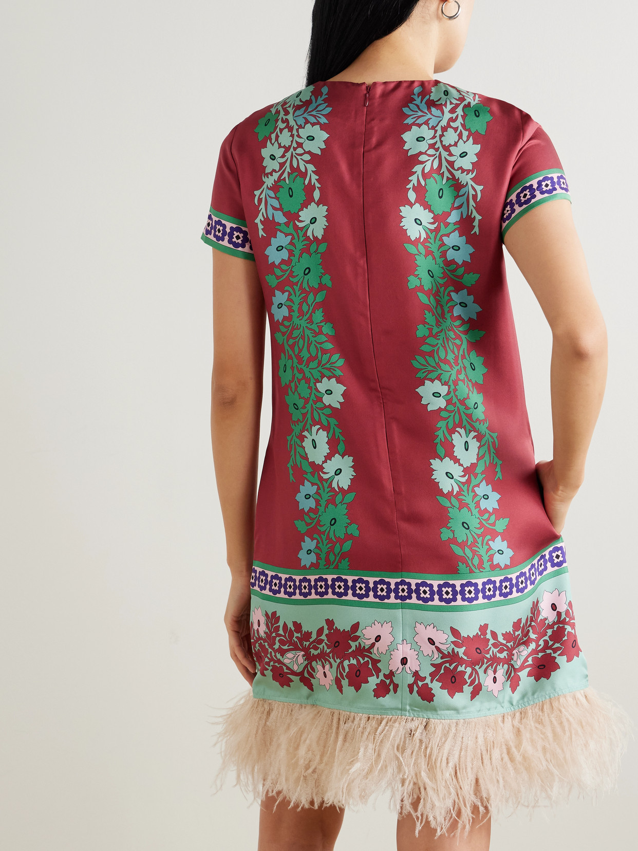 La Doublej Swing Feather-trimmed Printed Silk-twill Mini Dress In Pink