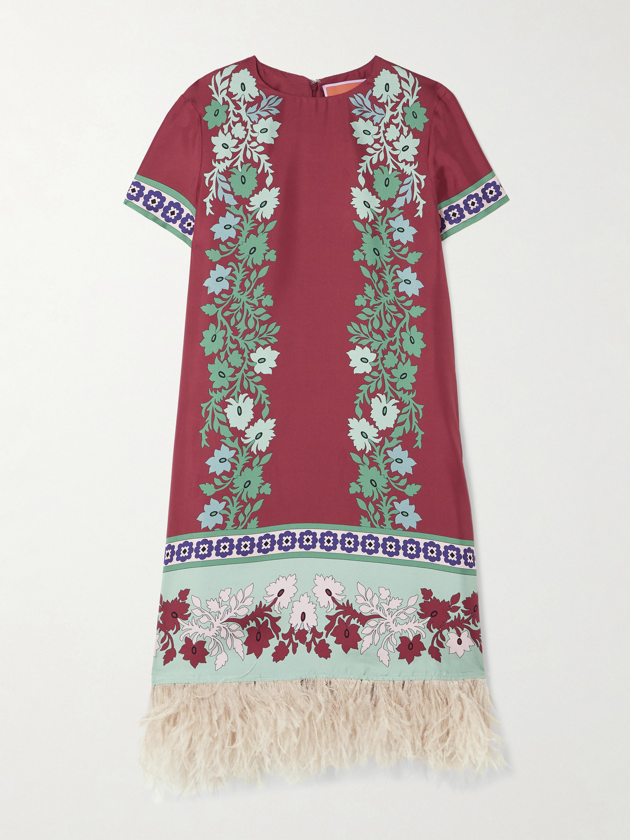 La Doublej Swing Feather-trimmed Printed Silk-twill Mini Dress In Pink