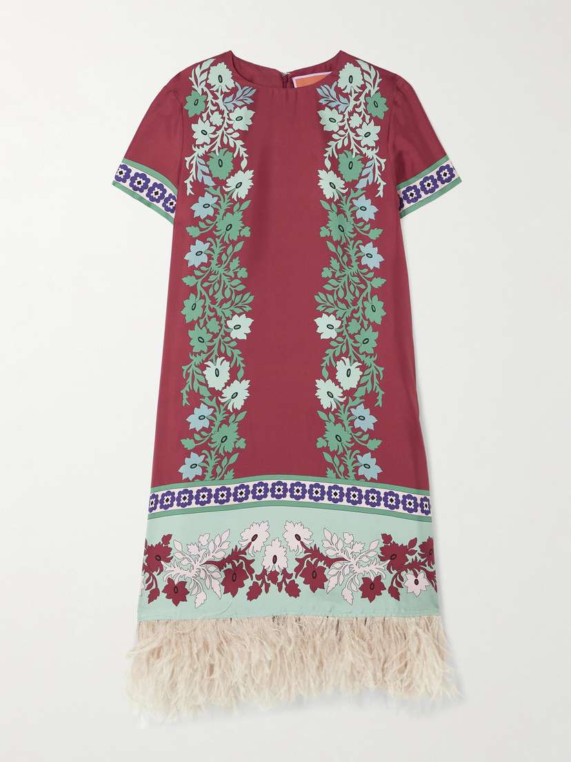 La DoubleJ Swing Feather-trimmed Printed Silk-twill Mini Dress