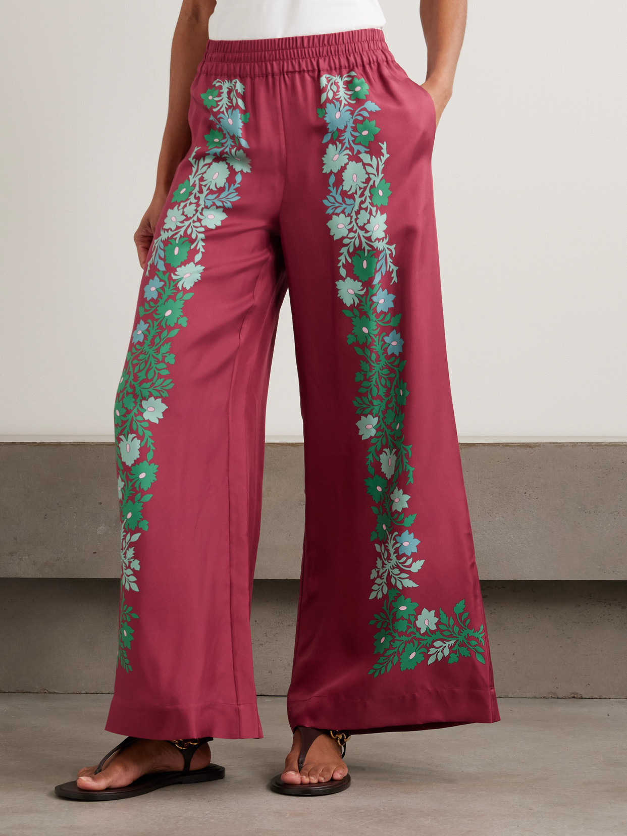 La Doublej Palazzo Printed Silk Wide-leg Pants In Burgundy
