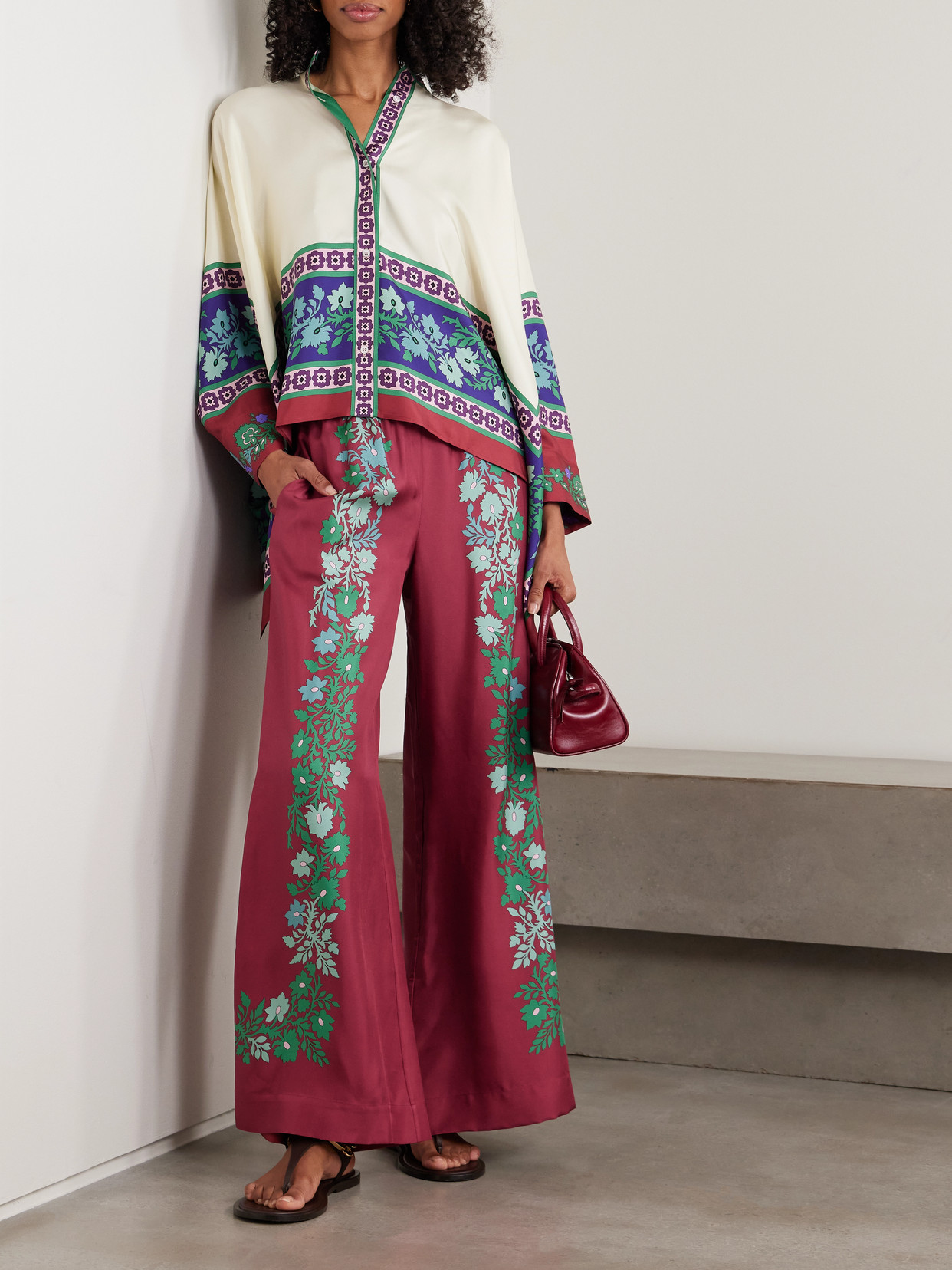 La Doublej Palazzo Printed Silk Wide-leg Pants In Burgundy