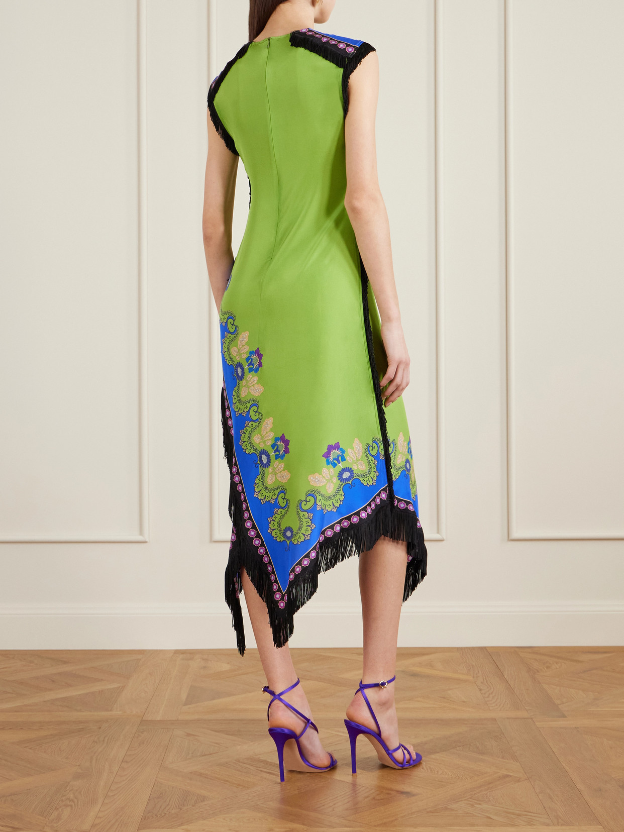 La Doublej Fringed Asymmetric Printed Silk Midi Dress In Green