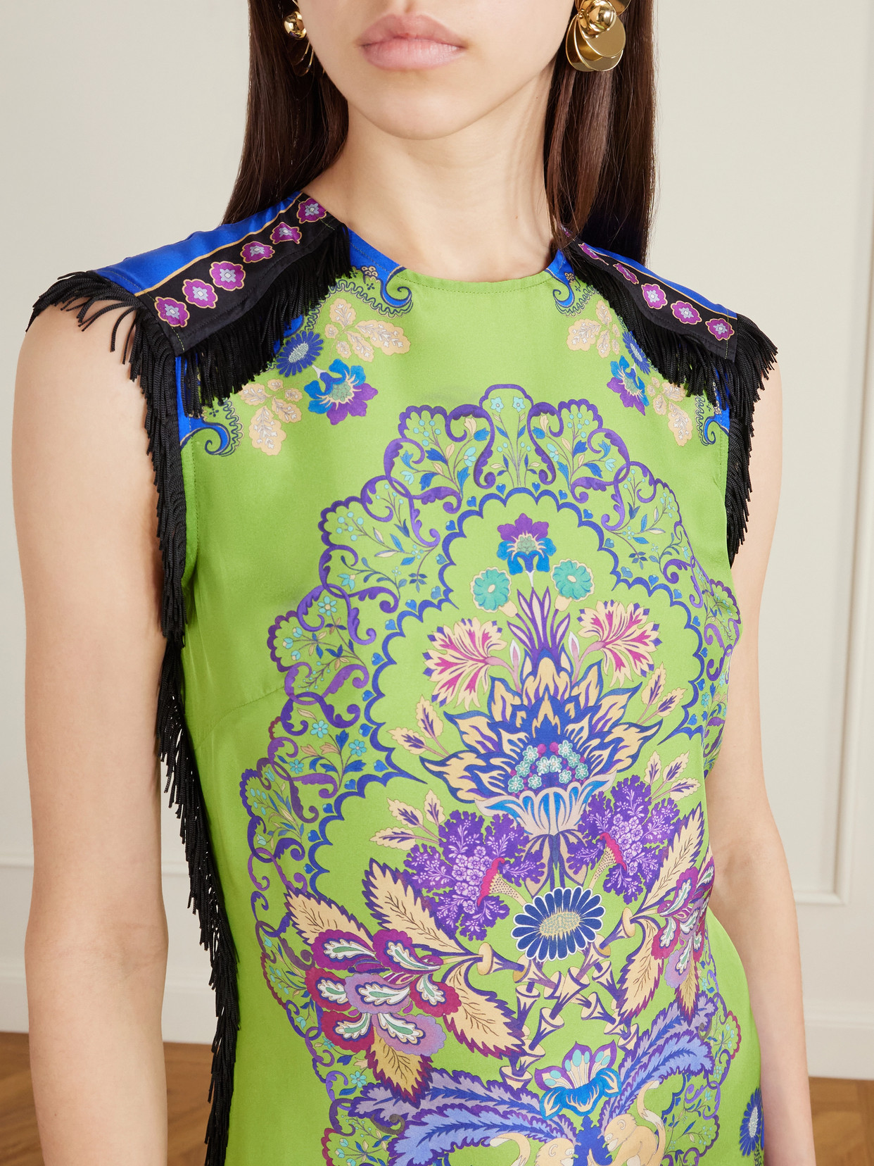 La Doublej Fringed Asymmetric Printed Silk Midi Dress In Green