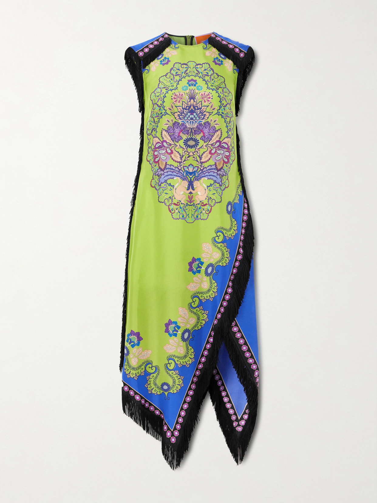 La Doublej Fringed Asymmetric Printed Silk Midi Dress In Green
