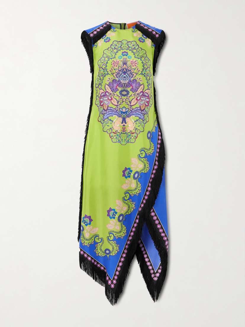 La DoubleJ Fringed Asymmetric Printed Silk Midi Dress