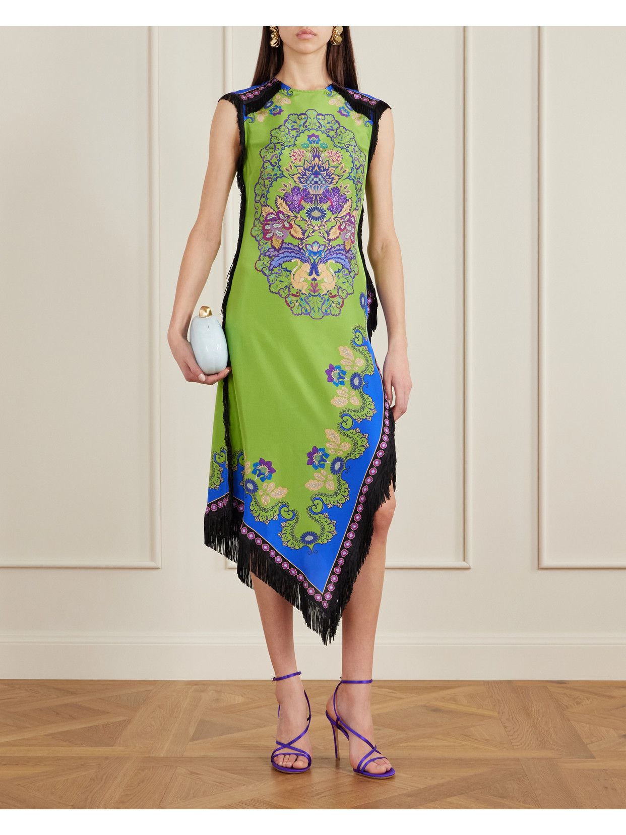 La Doublej Fringed Asymmetric Printed Silk Midi Dress In Green