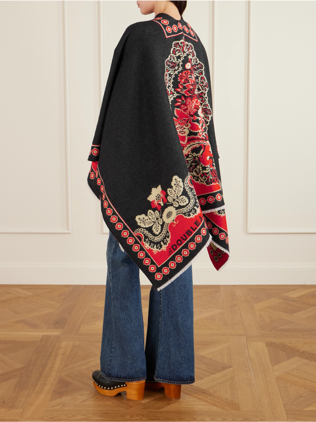 La Doublej Soul Frayed Wool And Silk-blend Jacquard Poncho In Red