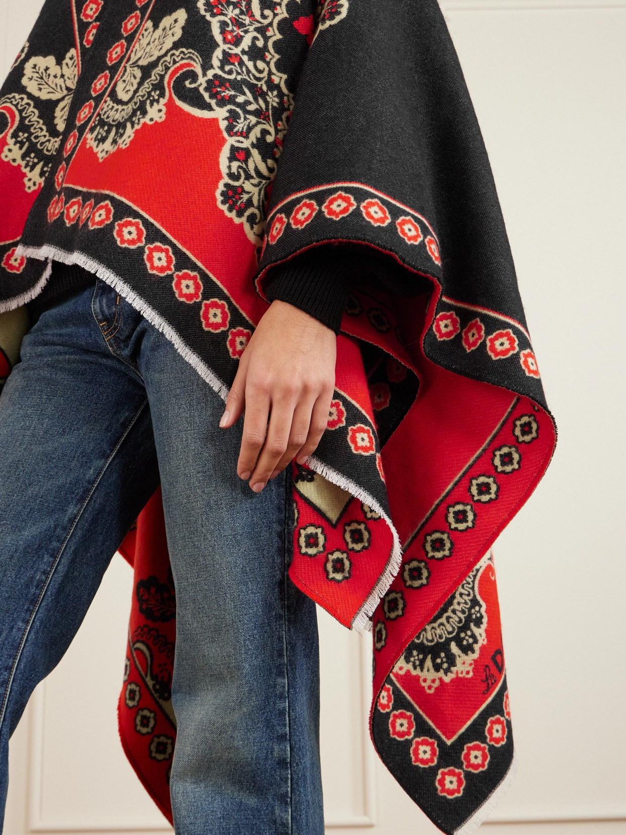 La Doublej Soul Frayed Wool And Silk-blend Jacquard Poncho In Red