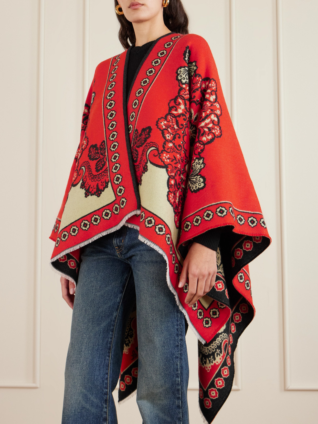 La Doublej Soul Frayed Wool And Silk-blend Jacquard Poncho In Red