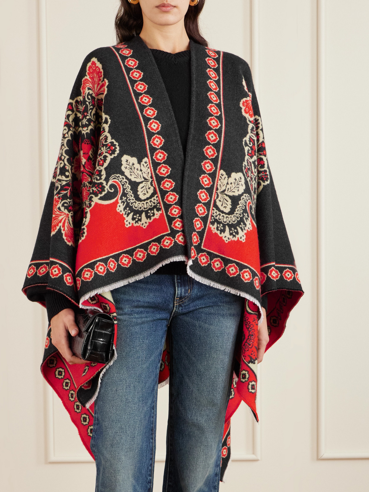 La Doublej Soul Frayed Wool And Silk-blend Jacquard Poncho In Red