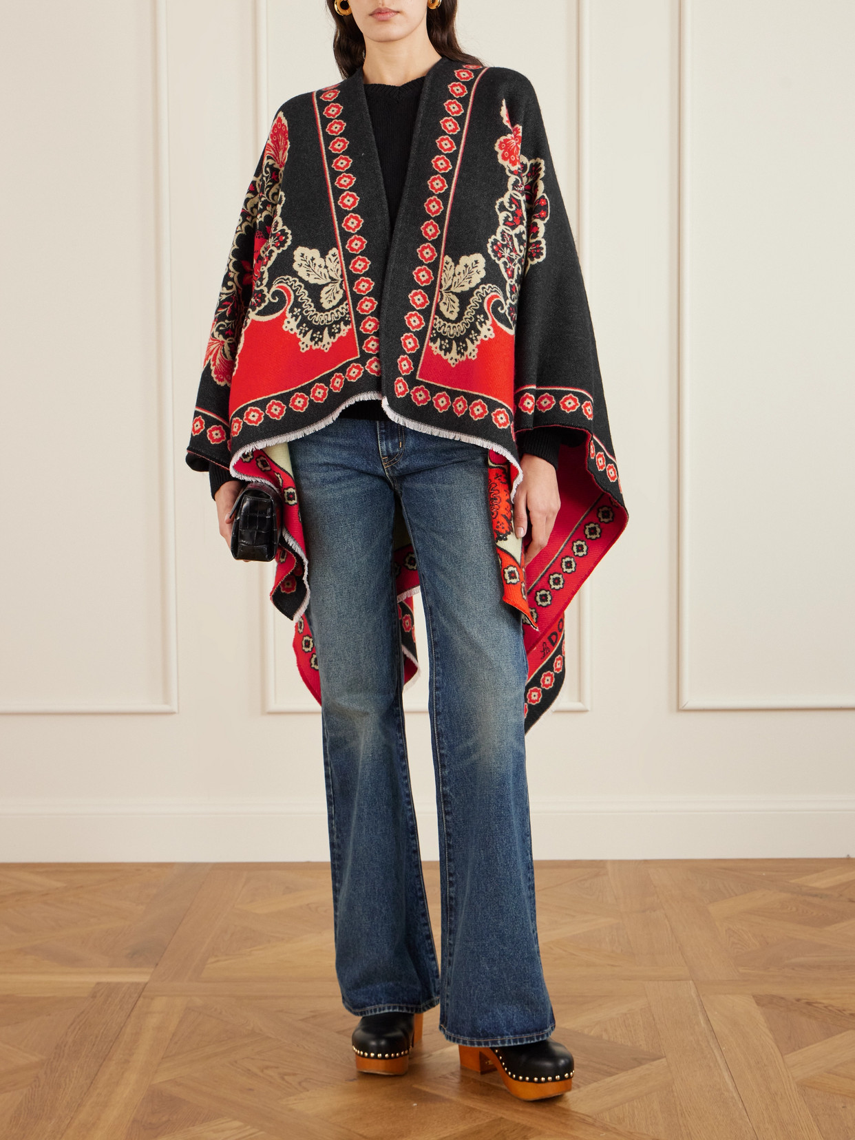 La Doublej Soul Frayed Wool And Silk-blend Jacquard Poncho In Red