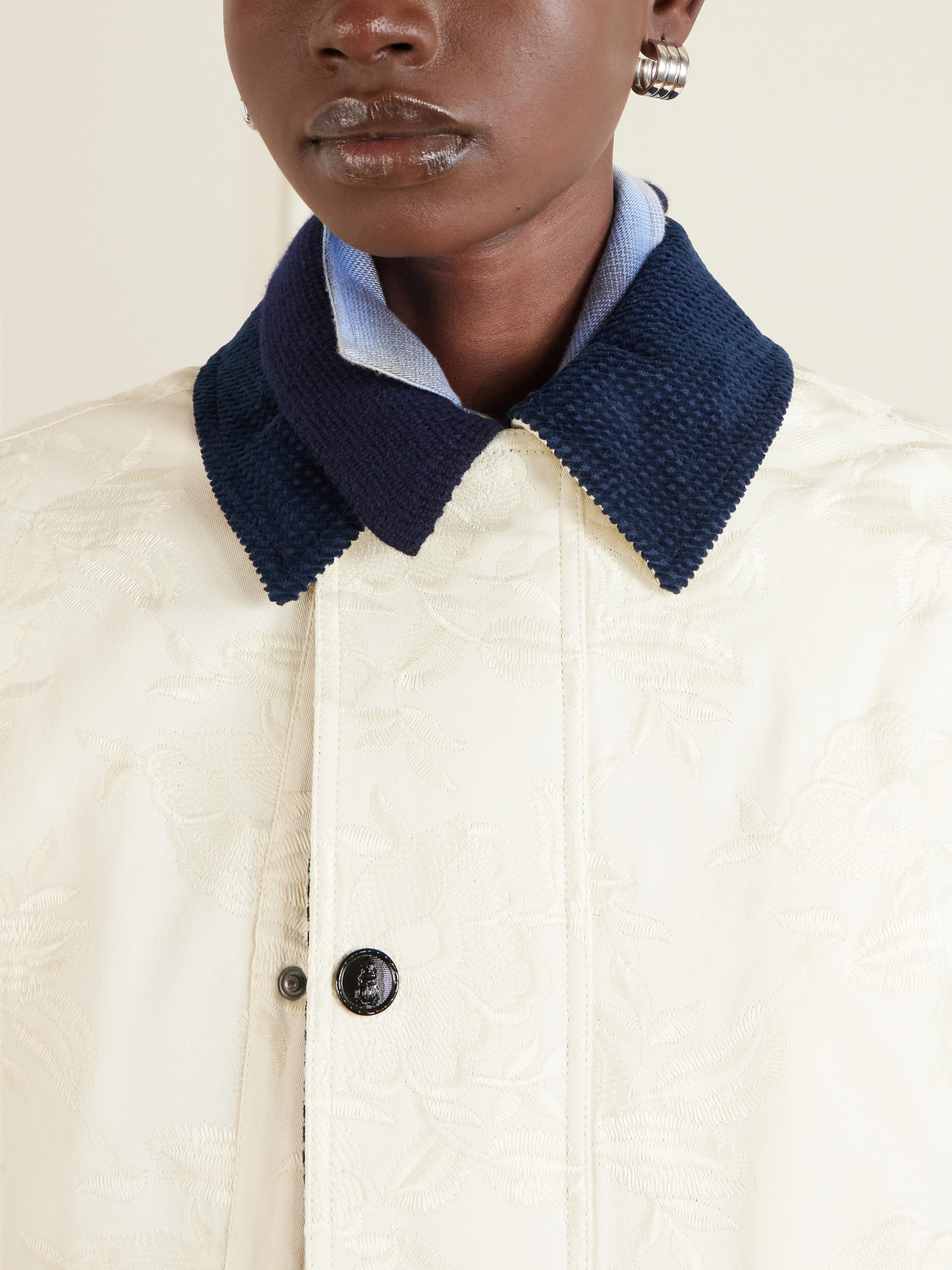 Truffle Corduroy-Trimmed Floral-Jacquard Cotton-Twill Jacket