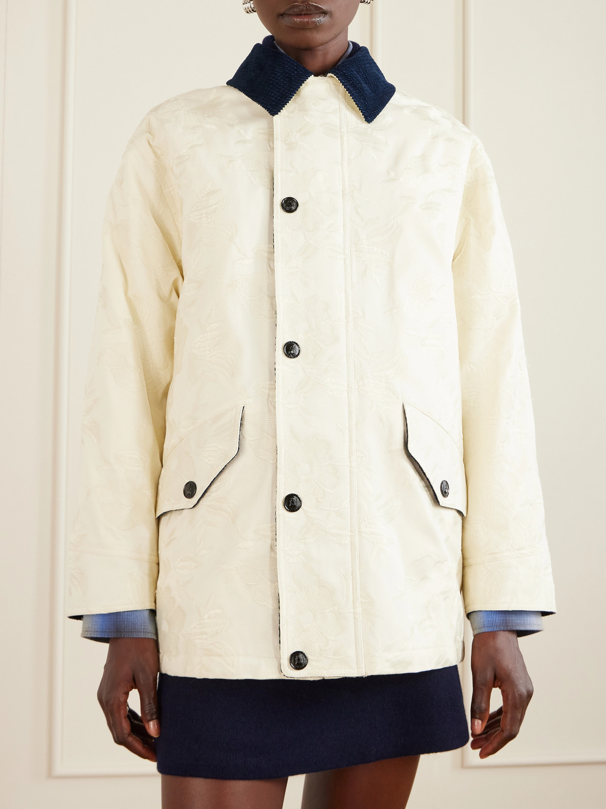 Truffle Corduroy-Trimmed Floral-Jacquard Cotton-Twill Jacket