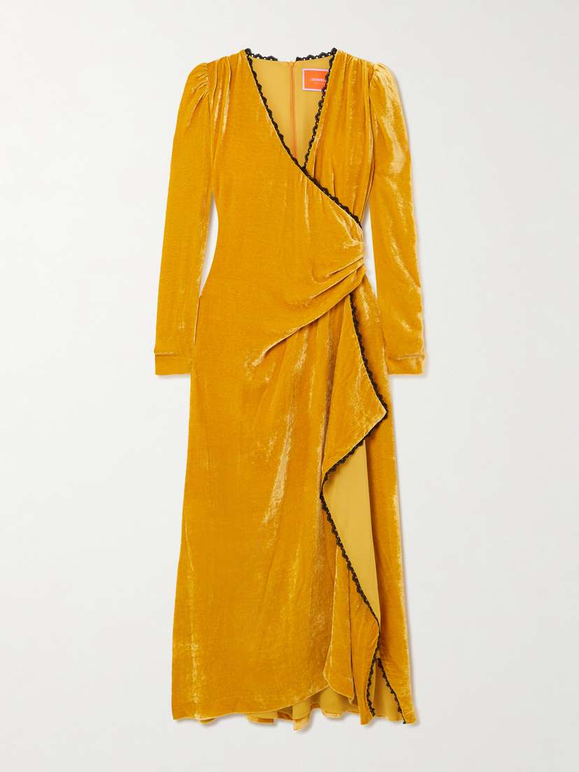 La DoubleJ Wrap-effect Draped Lace-trimmed Velour Maxi Dress