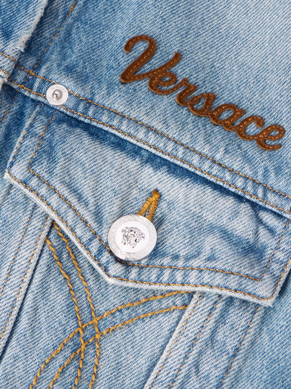 Versace Cotton Denim Jacket Long Sleeves Contrast Collar In Blue