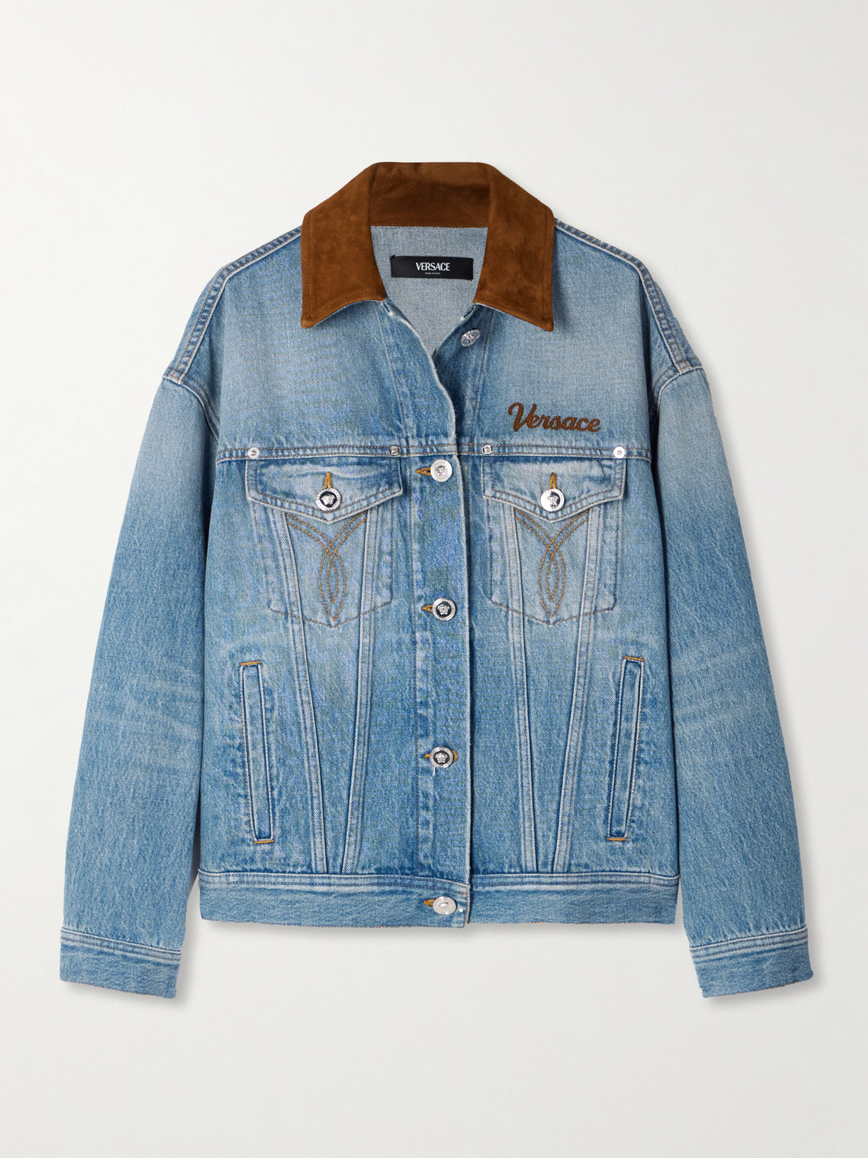 Versace Suede-trimmed Denim Jacket In Blue
