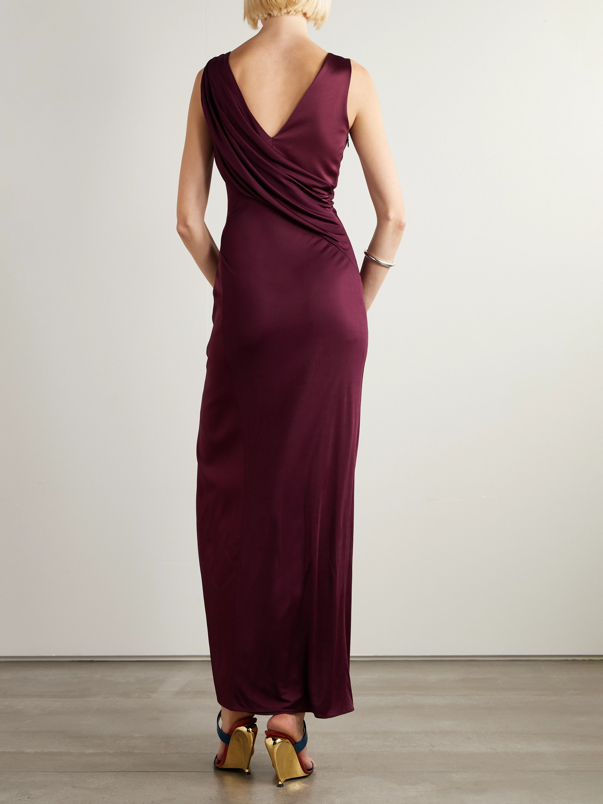 Versace Embellished Paneled Draped Satin-jersey Gown In Brown