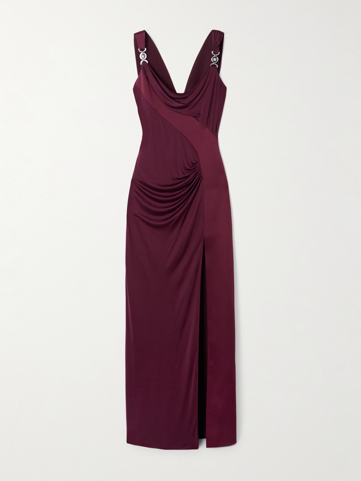 Versace Embellished Paneled Draped Satin-jersey Gown In Brown