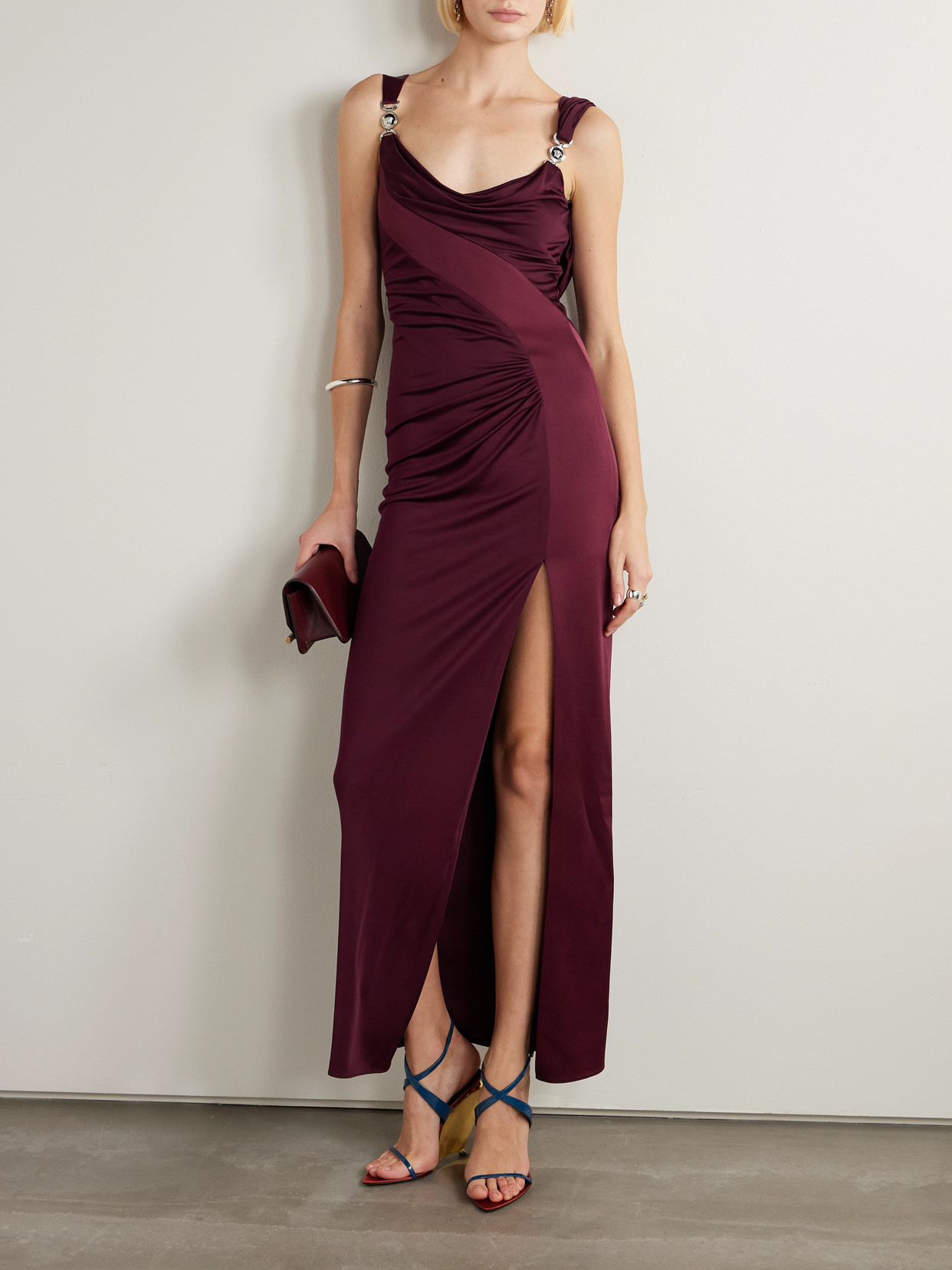 Versace Embellished Paneled Draped Satin-jersey Gown In Brown