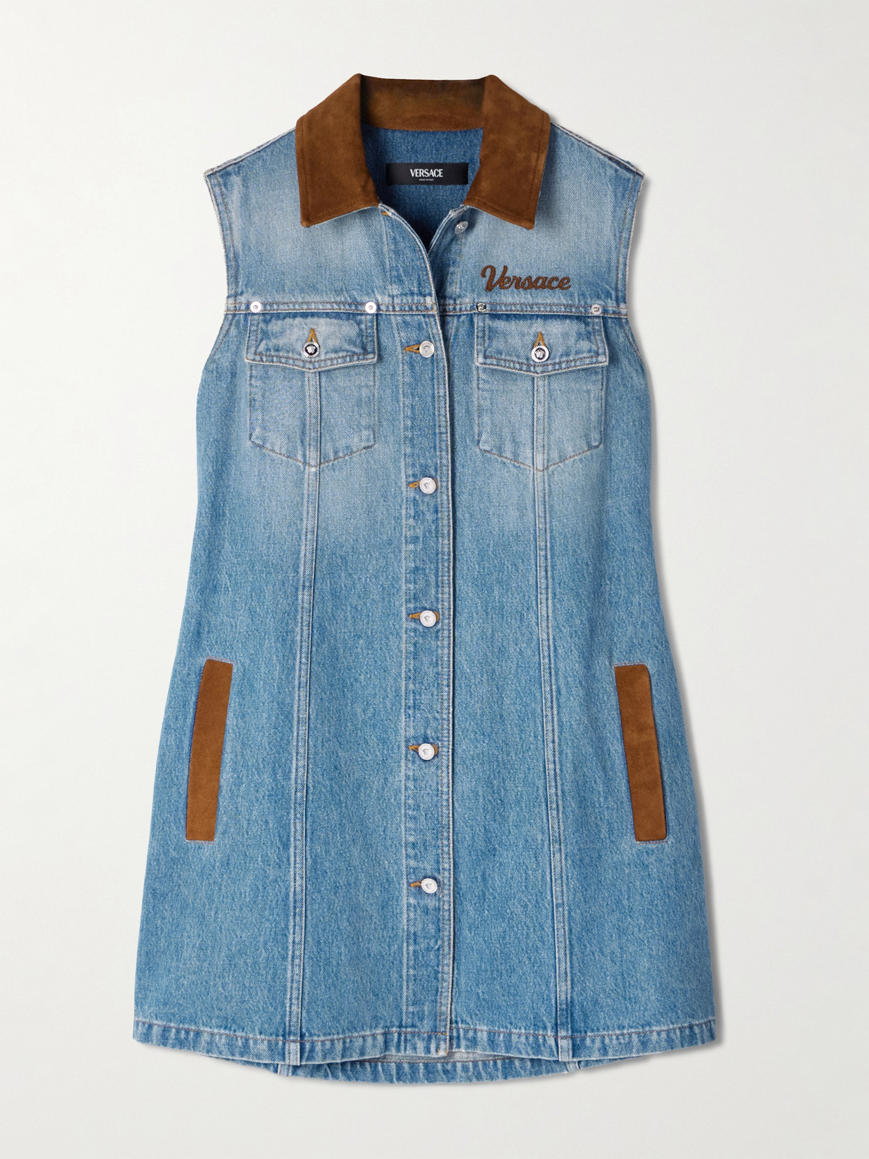 Versace Women Blue Sleeveless Buttoned Mini Dress, M Luxury Dresses For Women Darveys