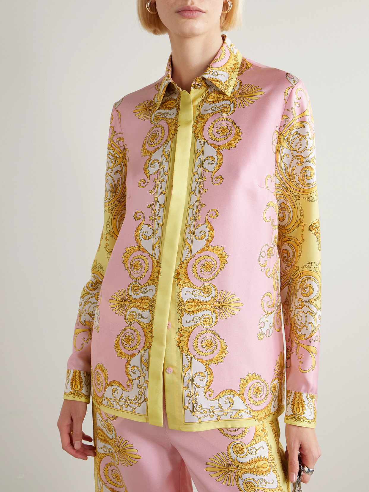 Versace Multicolor Long-sleeved Shirt With Pointed Collar And All-over Baroque Print In Silk For Women