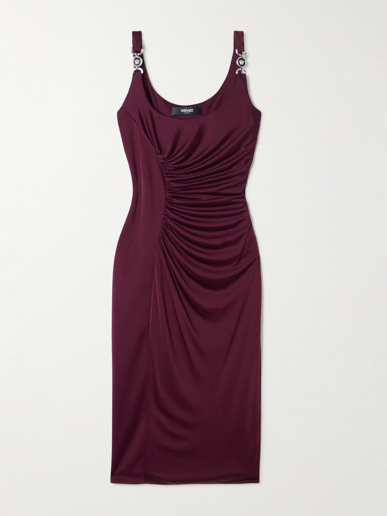 Versace Ruched Satin-jersey Midi Dress In Burgundy