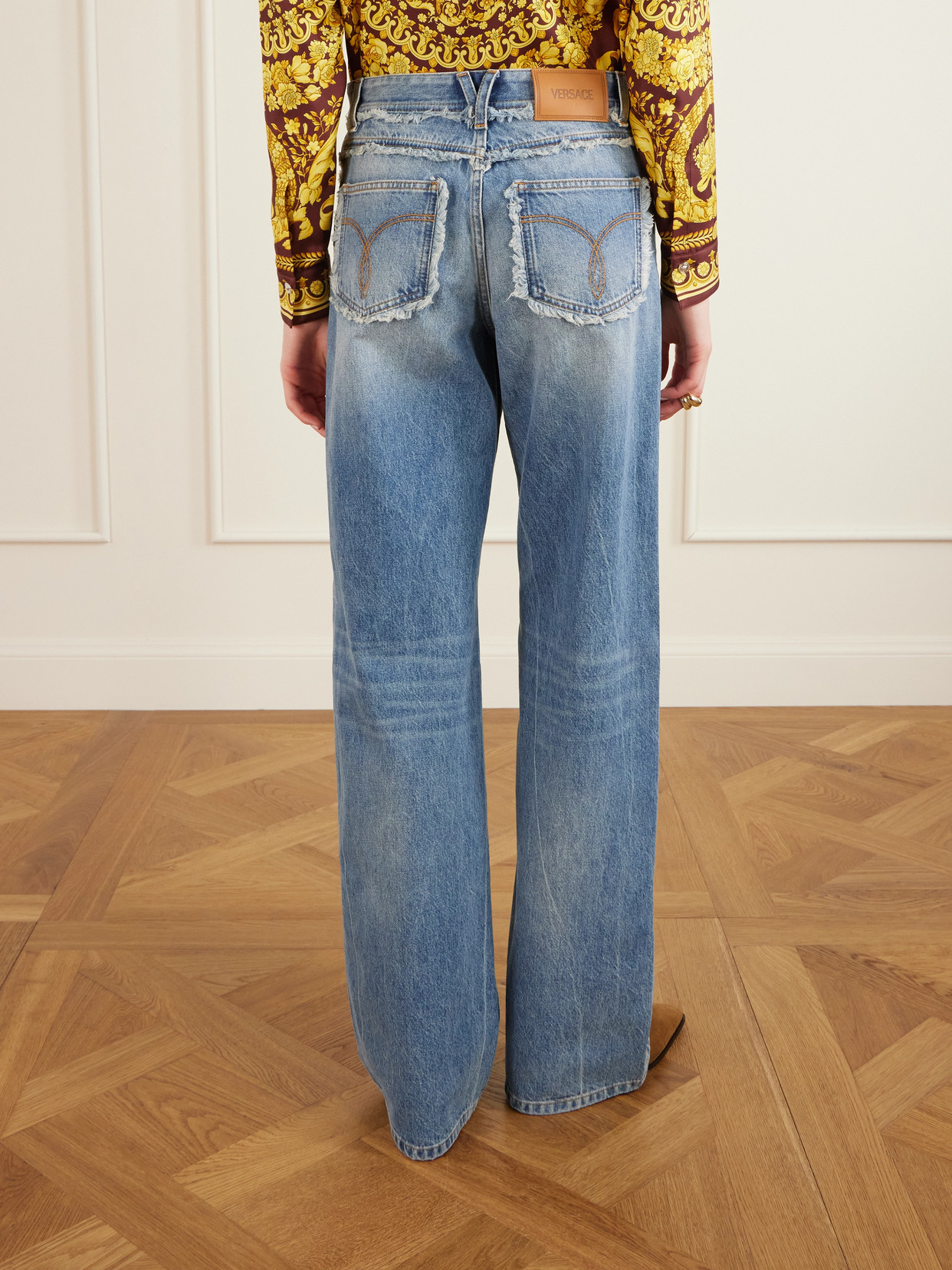 Versace Distressed Mid-rise Straight-leg Jeans In Blue