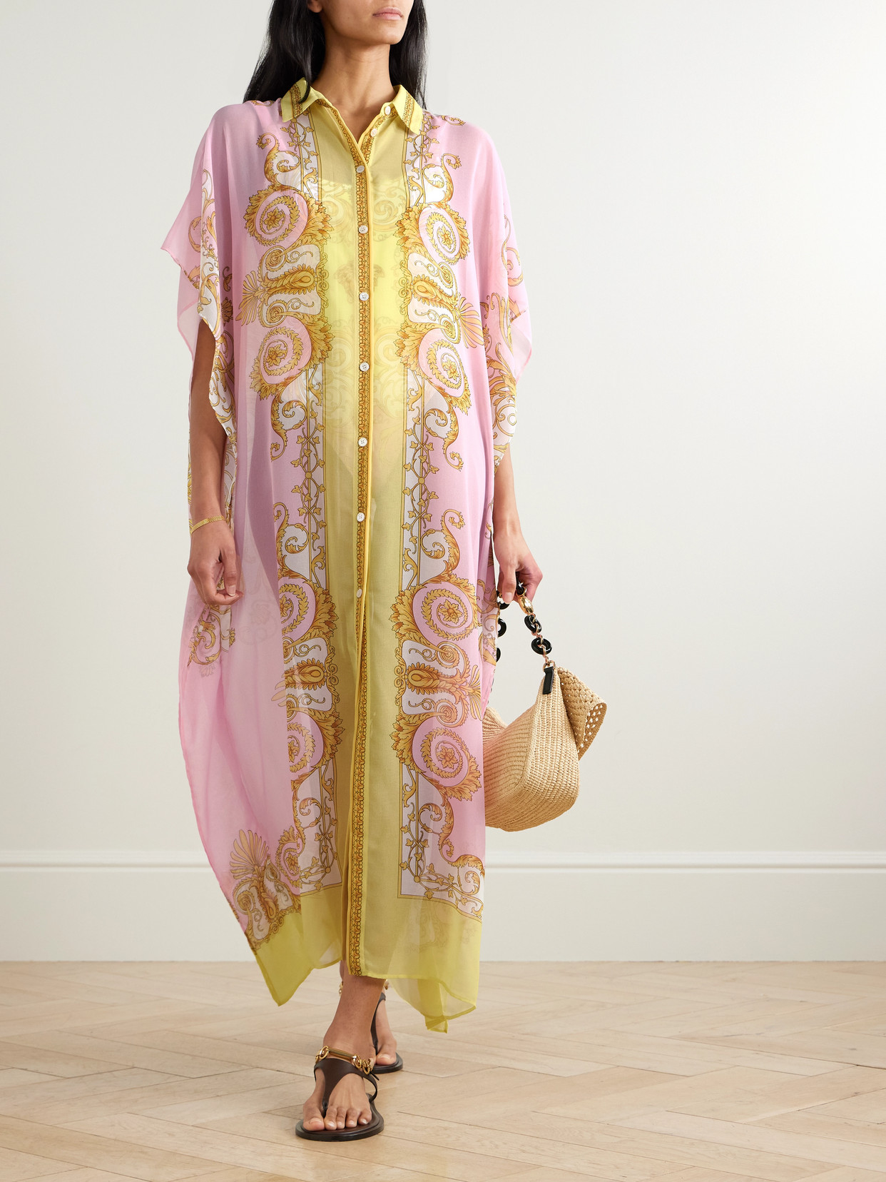 Versace Multicolor Caftan With Button Closure And All-over Geometric Print In Fabric Woman In Multi