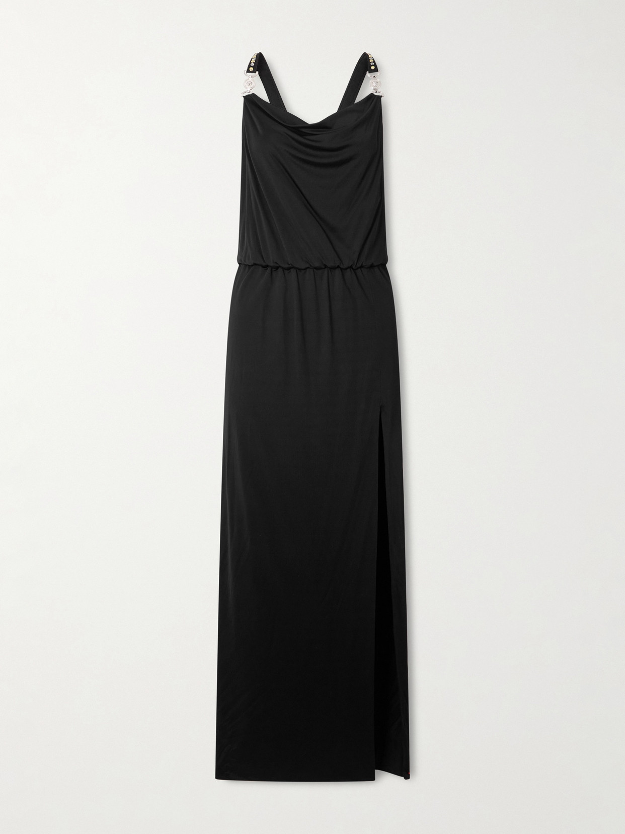 Versace Embellished Draped Jersey Gown In Blue