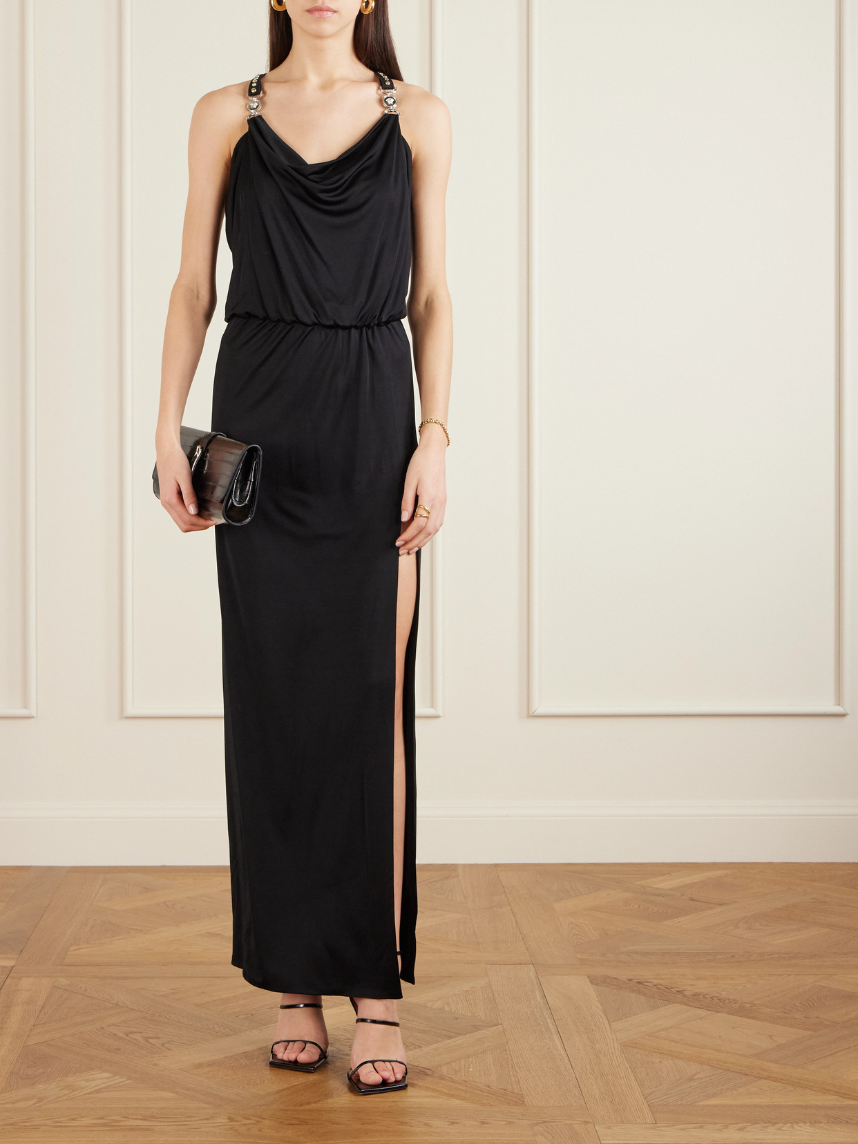 Versace Embellished Draped Jersey Gown In Blue