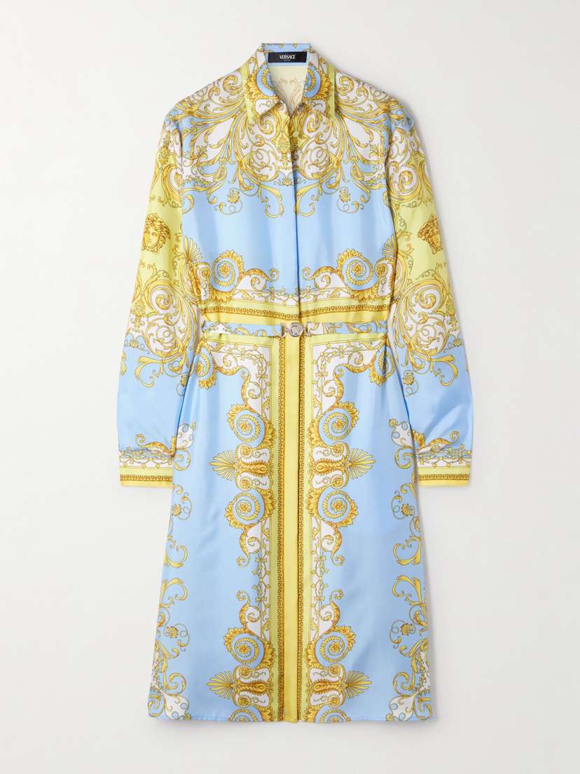 Versace Belted Printed Silk-twill Dress