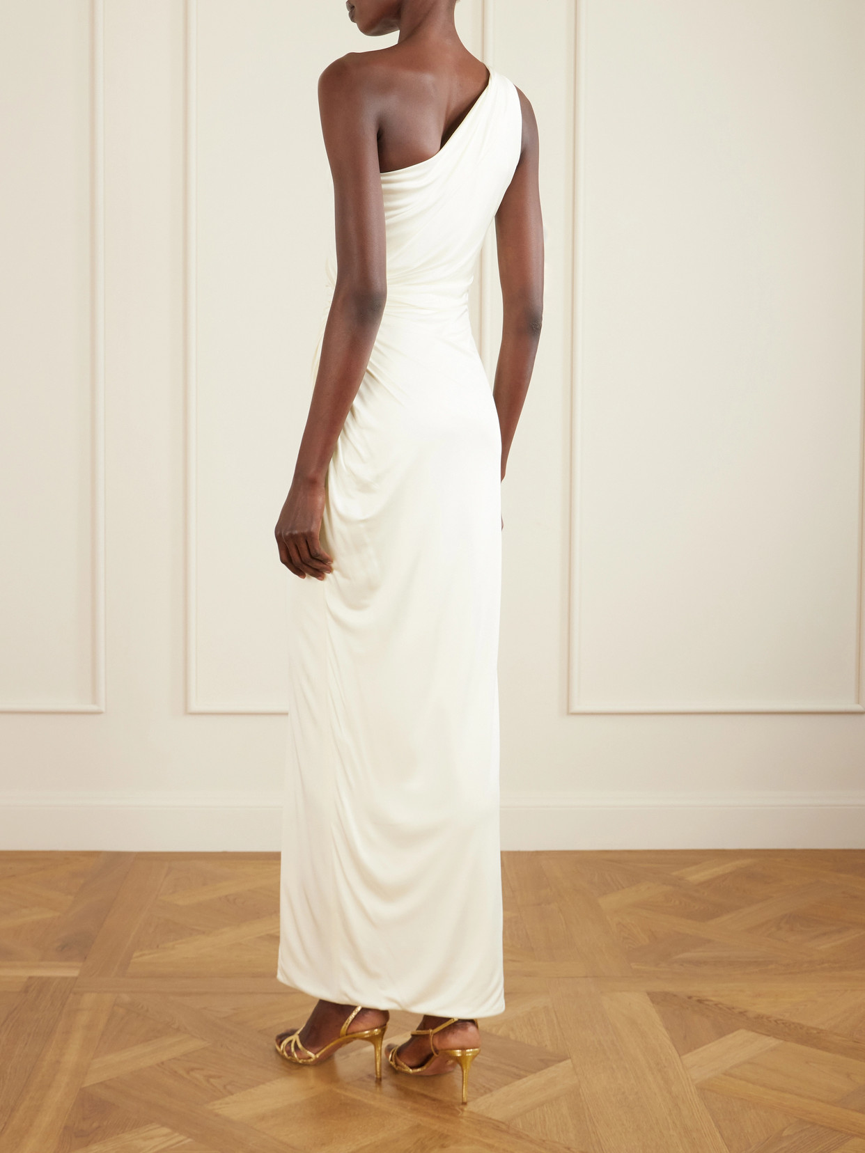 Versace Cream Jersey And Crepe Medusa 95 Draped Gown In White