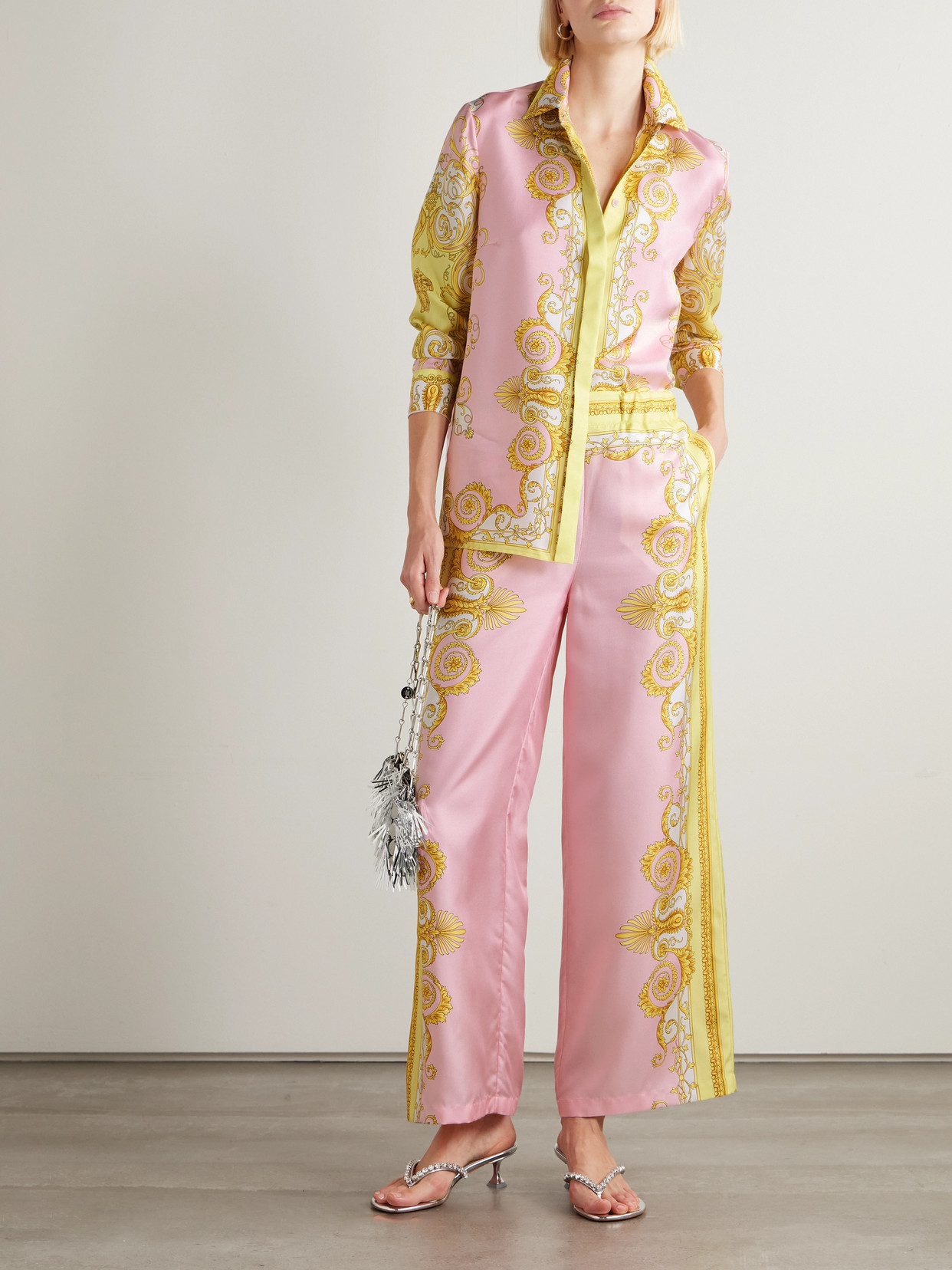 Versace Multicolor Trousers With Elastic Waist And All-over Geometric Print In Silk Woman In Multi