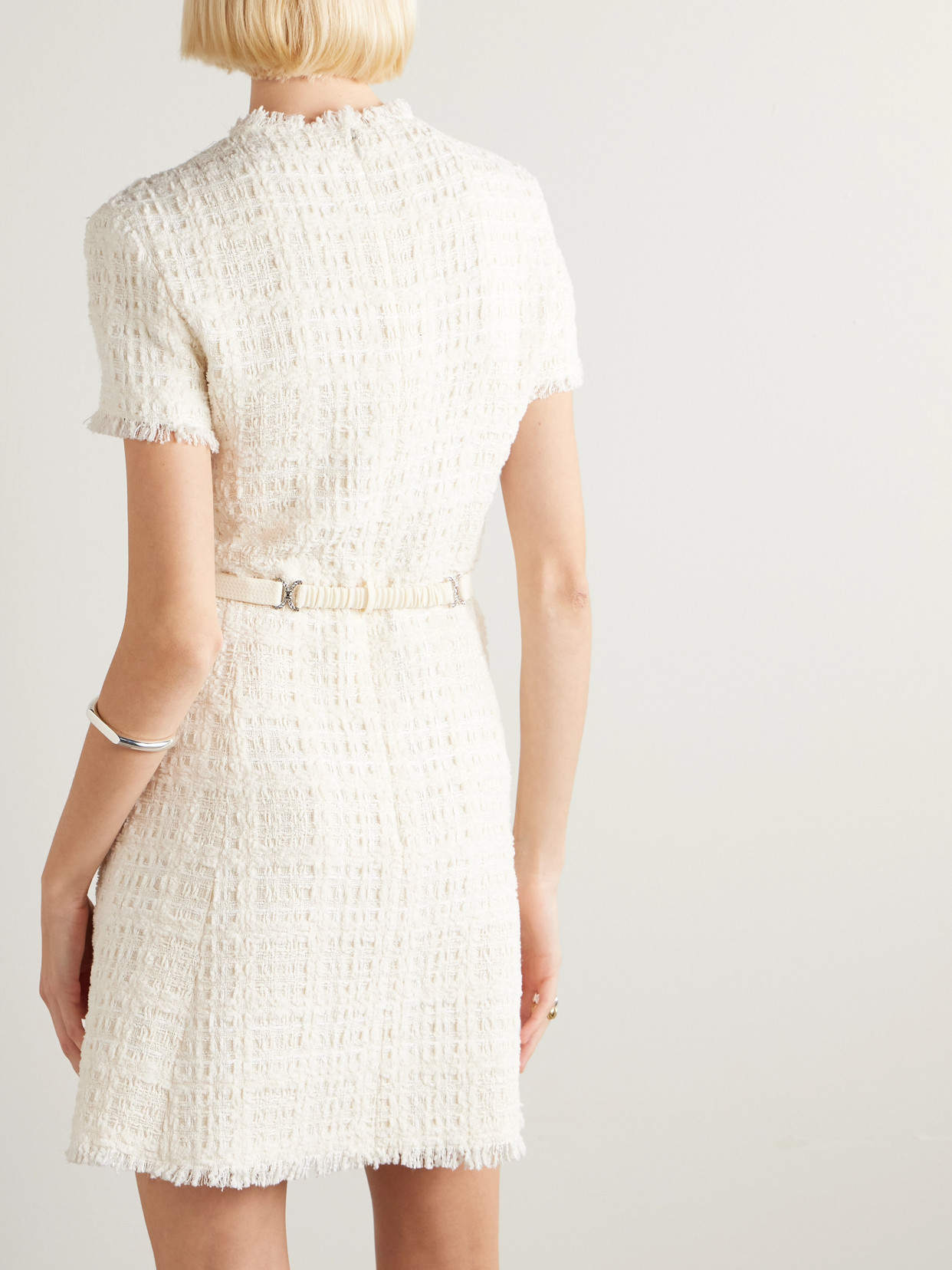 Versace Belted Metallic Cotton-blend Tweed Mini Dress In White
