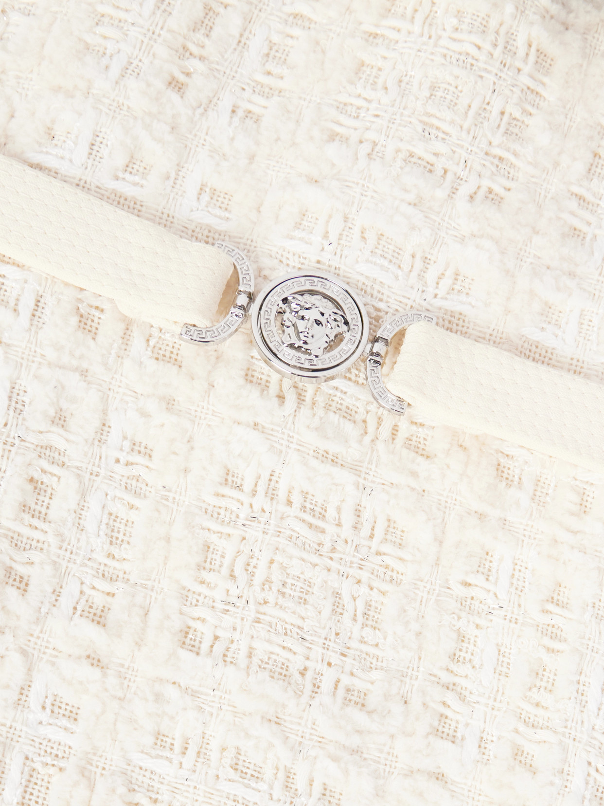 Versace Belted Metallic Cotton-blend Tweed Mini Dress In White