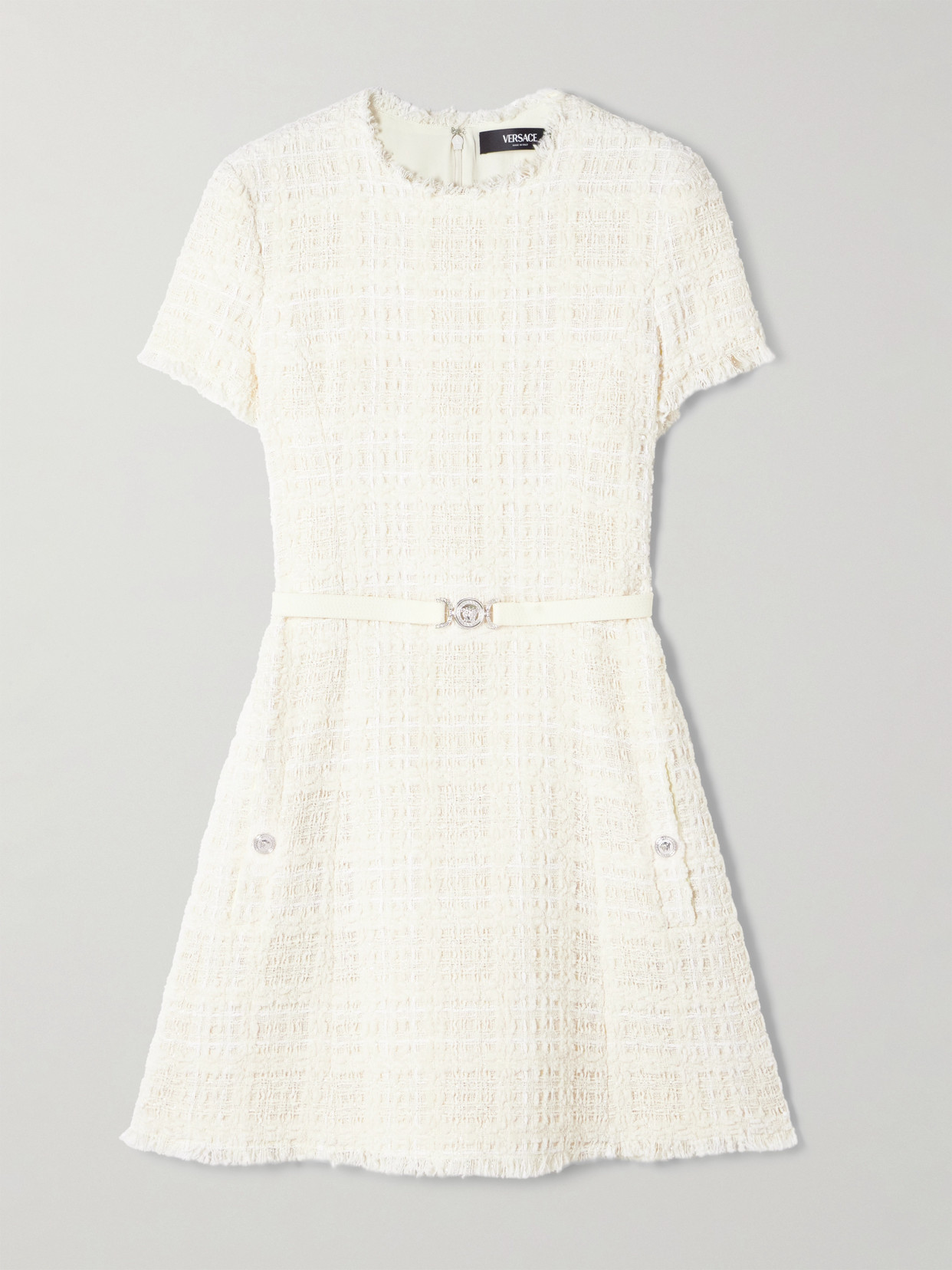Versace Belted Metallic Cotton-blend Tweed Mini Dress In White