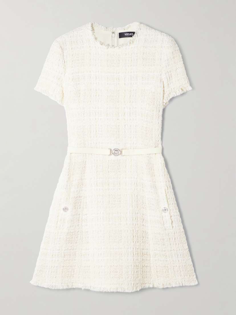 Versace Belted Metallic Cotton-blend Tweed Mini Dress
