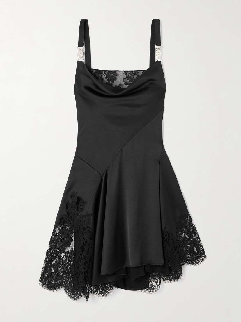 Versace Asymmetric Lace-paneled Embellished Draped Satin Dress