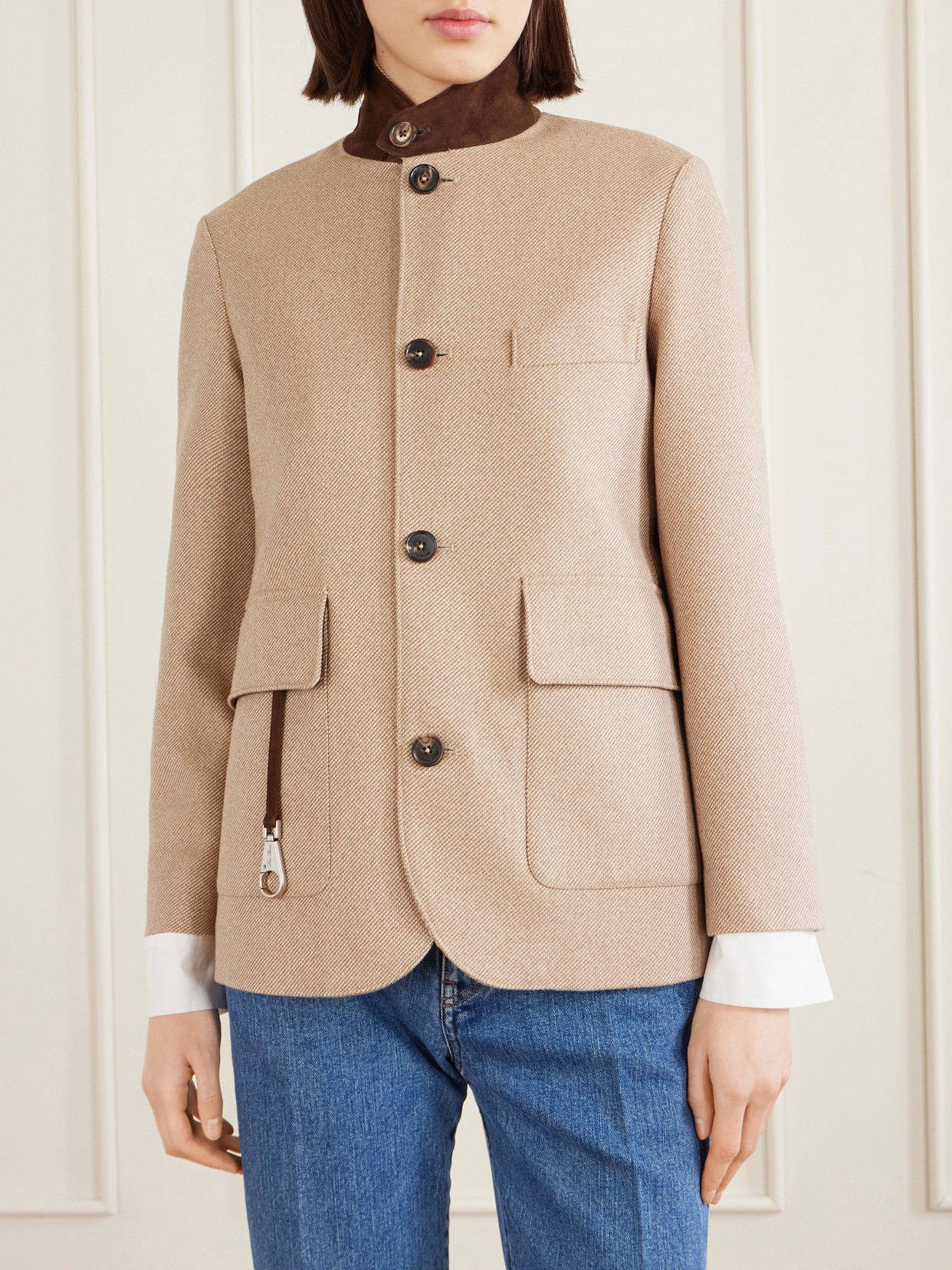 Suede-Trimmed Silk-Tweed Jacket