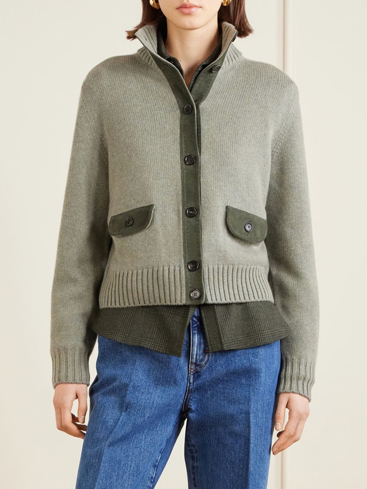 LOROPIANA 파크스빌 스웨이드 트리밍 캐시미어 가디건