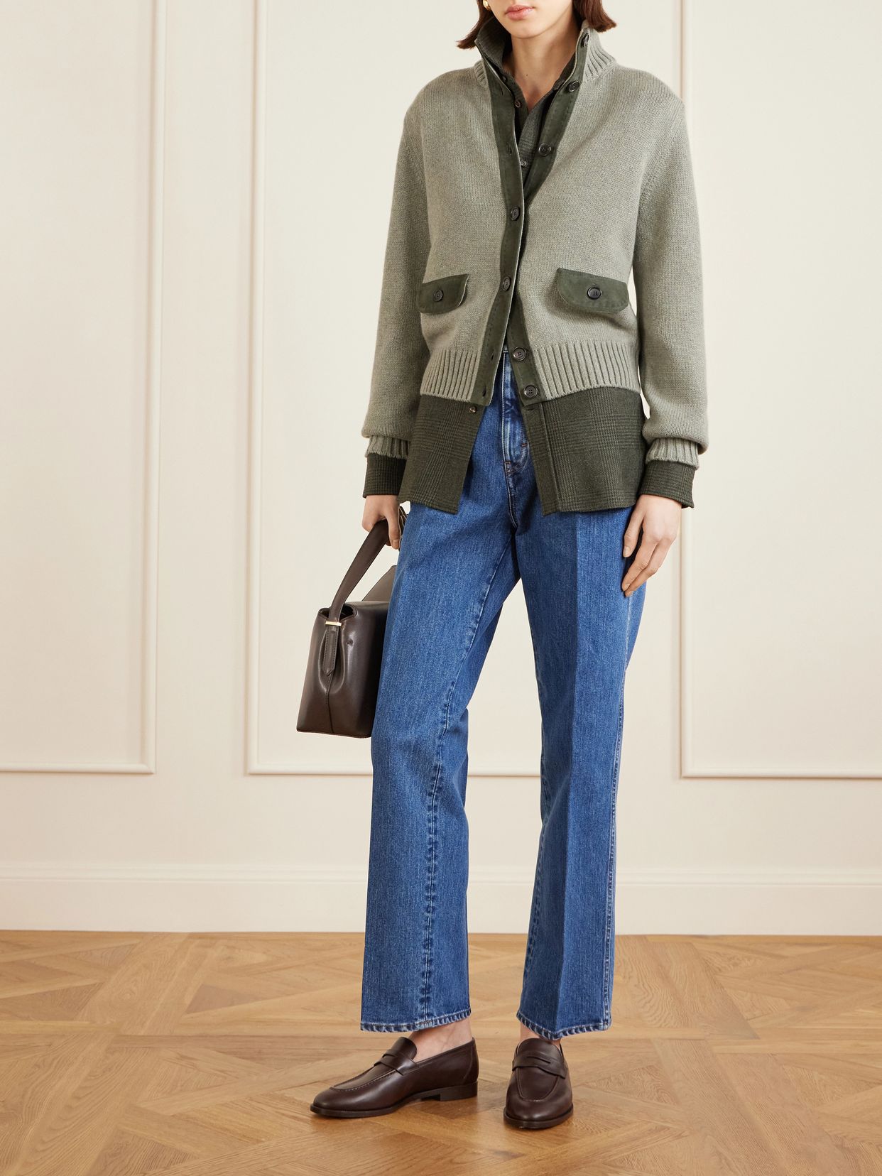 LOROPIANA 파크스빌 스웨이드 트리밍 캐시미어 가디건