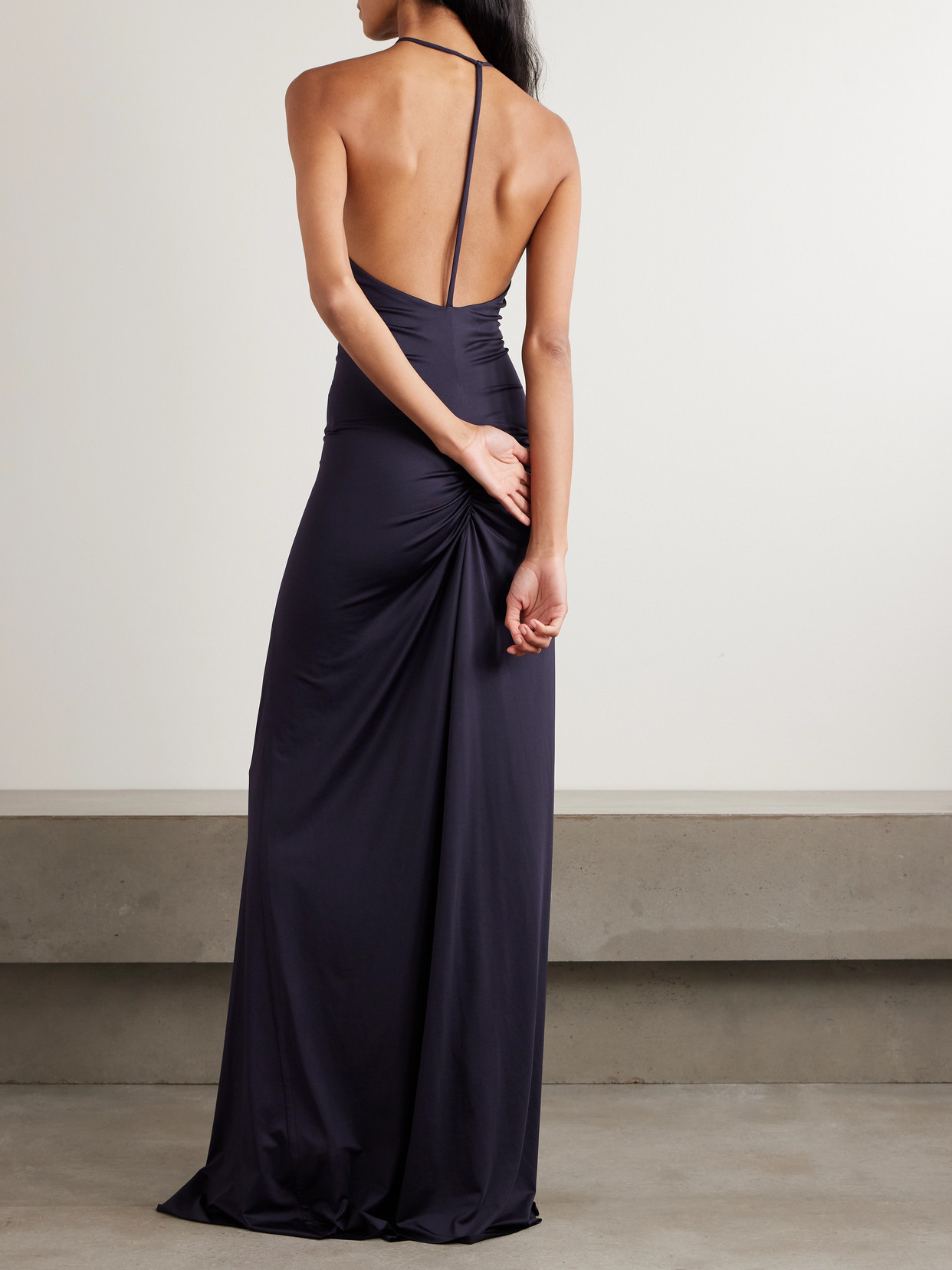 Victoria Beckham Cutout Ruched Stretch-satin Gown In Blue