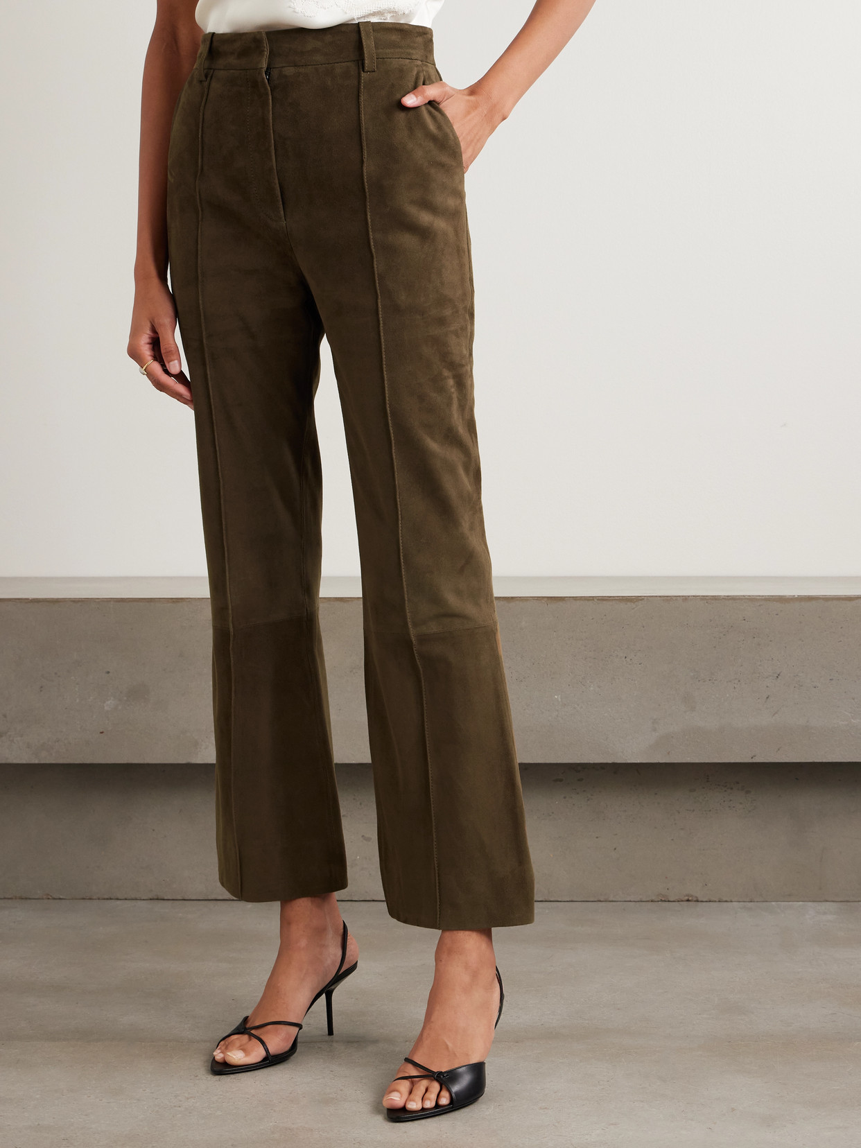Victoria Beckham Cropped Suede Flared Pants In Brown