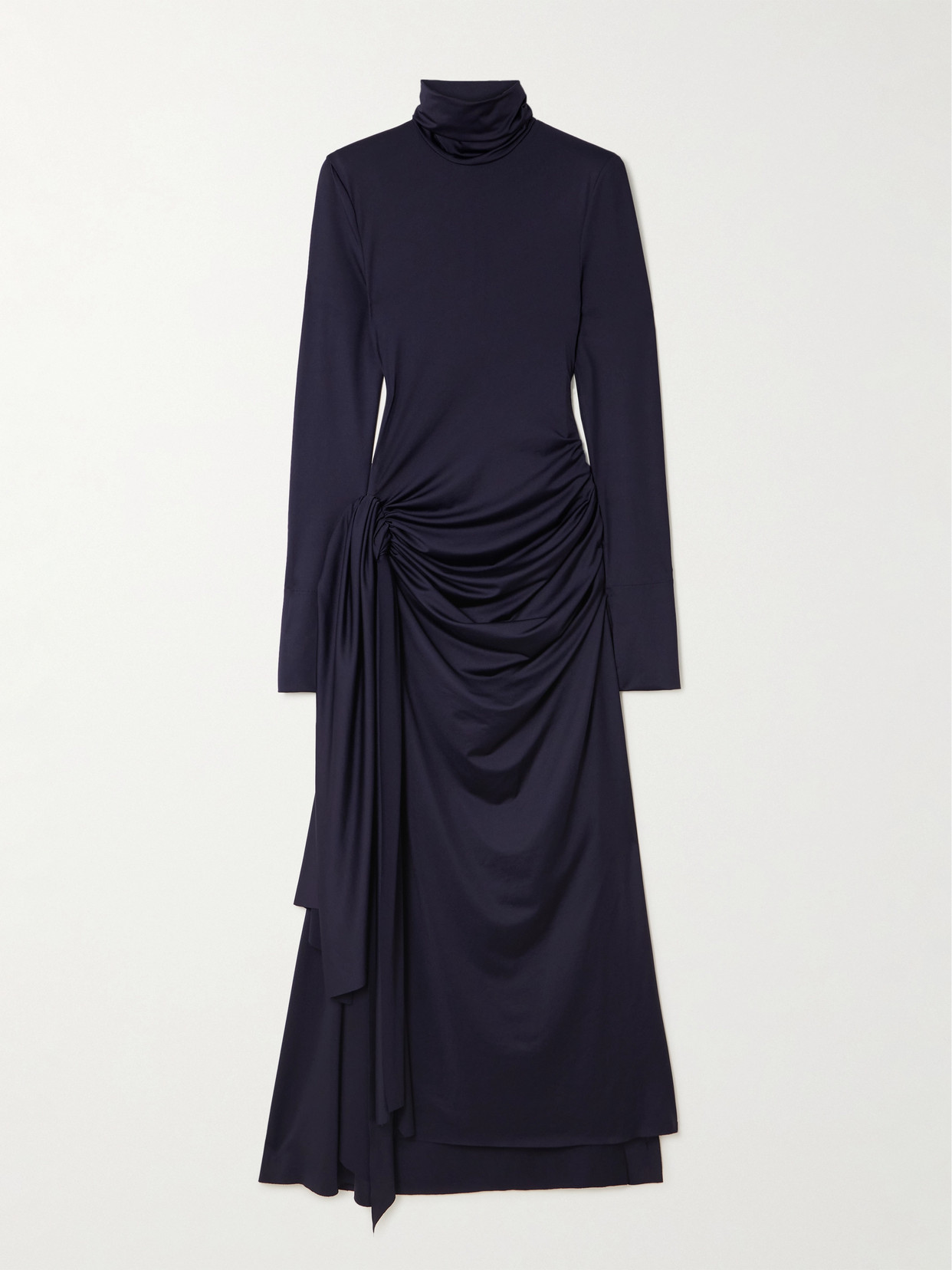 Victoria Beckham Gathered Draped Jersey Turtleneck Midi Dress In Black