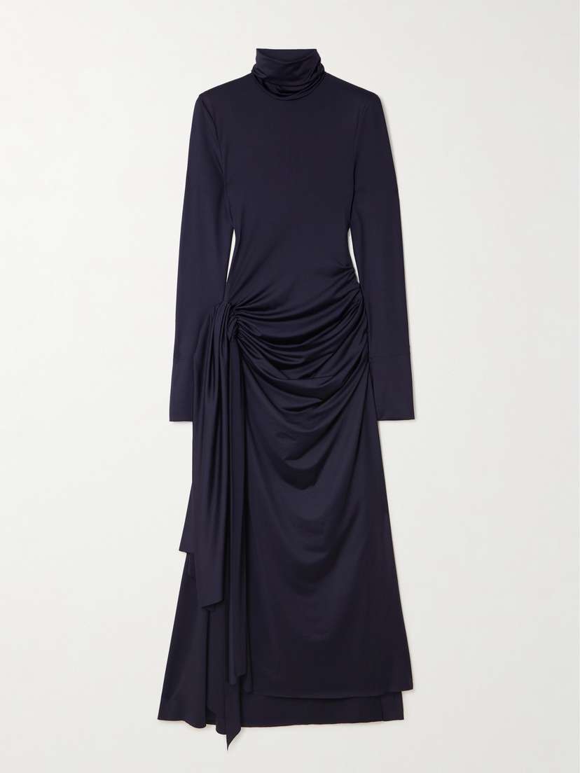 Victoria Beckham Gathered Draped Jersey Turtleneck Midi Dress